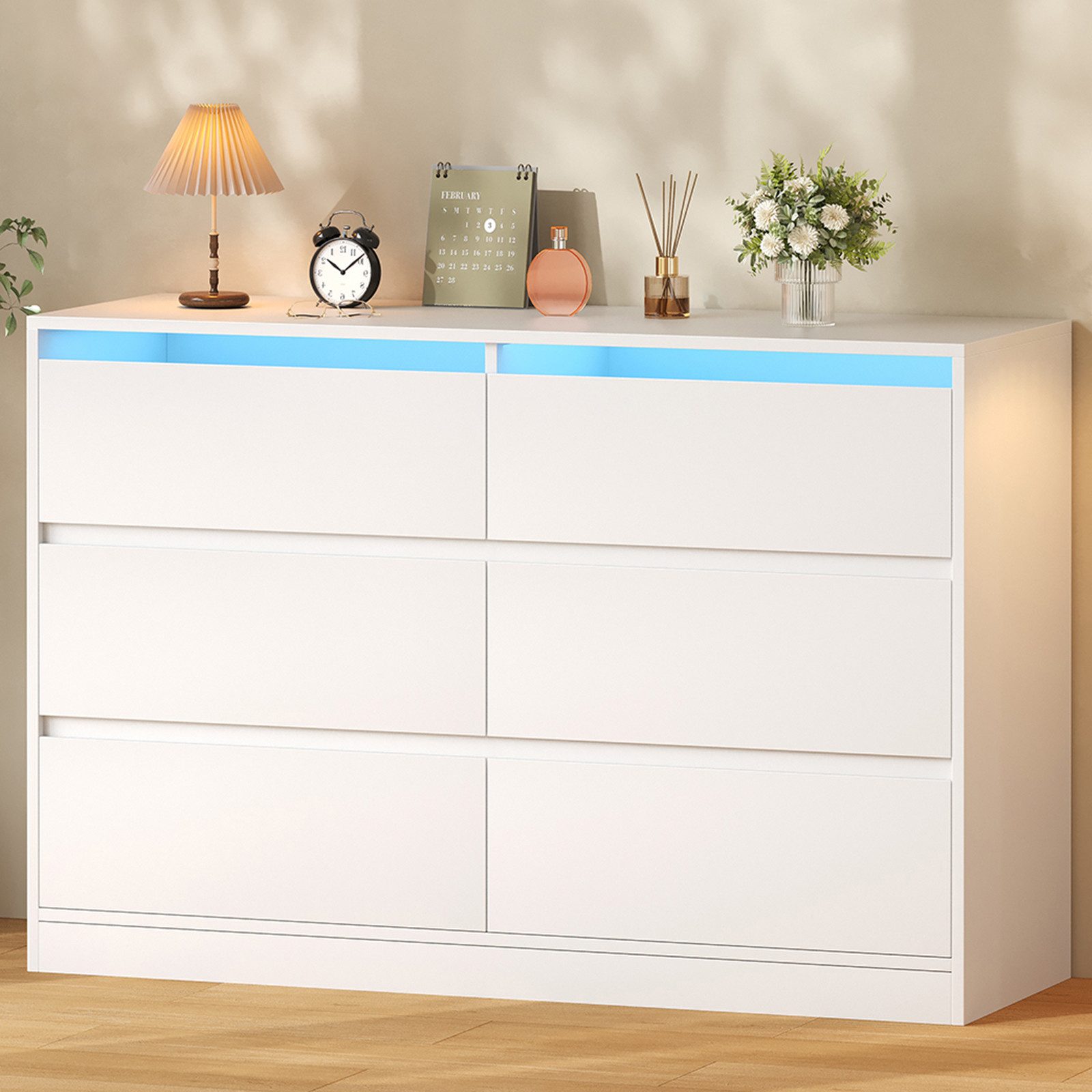 BEWISHOME Kommode mit integrierter LED-Beleuchtung, 6 Schubladen, 108 x 40 x 75 cm (1 St), Modernes Sideboard mit RGB-Licht und Kippschutz