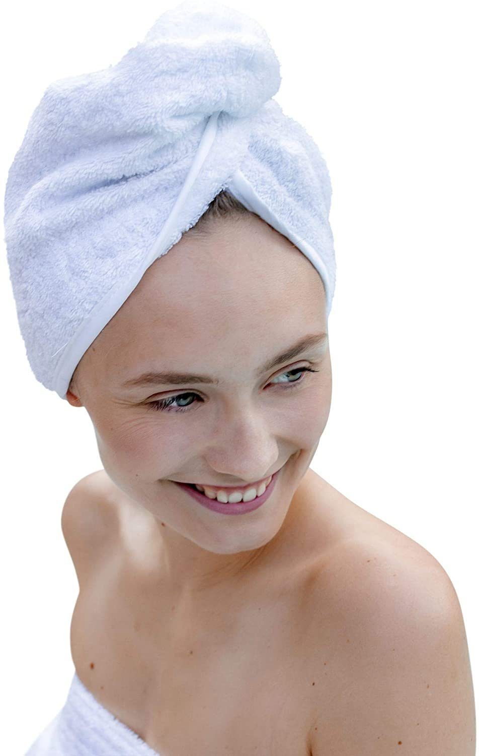 Carenesse Turban-Handtuch Haarturban Baumwolle weiß mit Knopf & Schlaufe saugstark hair towel, Stabiles Haarhandtuch aus 100% Baumwolle OHNE Mikroplastik