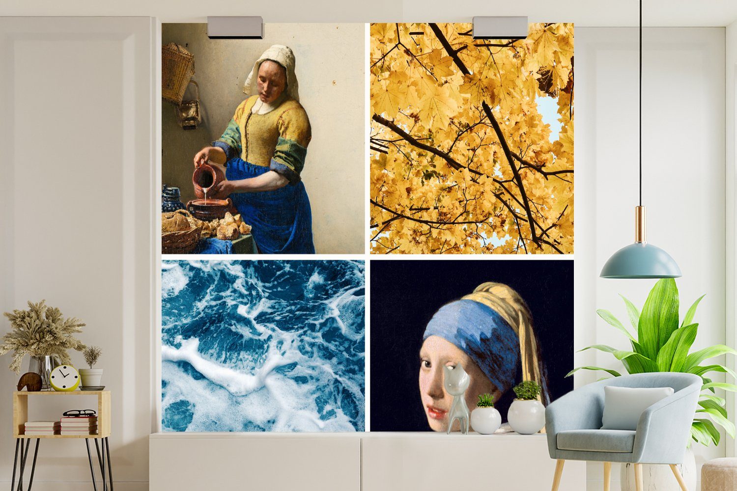 Mädchen Küche, Collage, MuchoWow - bedruckt, Schlafzimmer - Fototapete mit (4 Perlenohrring Wohnzimmer Milchmädchen Matt, Fototapete Vliestapete für St),