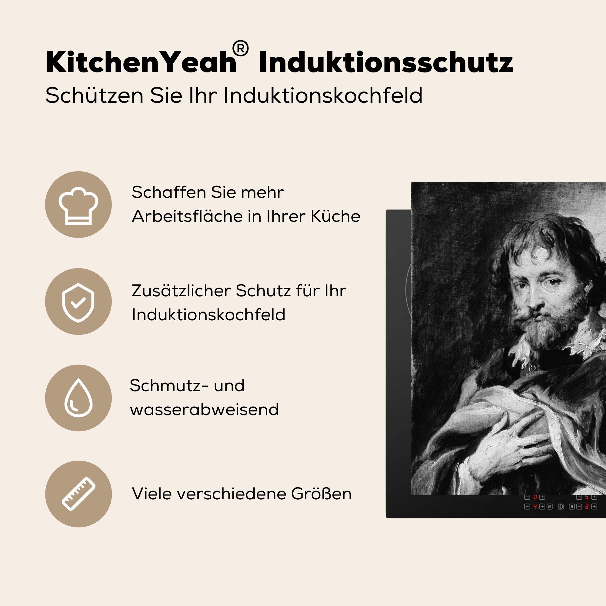 cm, van küche Anthony Sir Arbeitsplatte (1 Schwarz weiß, Vinyl, 78x78 tlg), und MuchoWow - Ceranfeldabdeckung, Dyck Paul - Herdblende-/Abdeckplatte Peter für Rubens