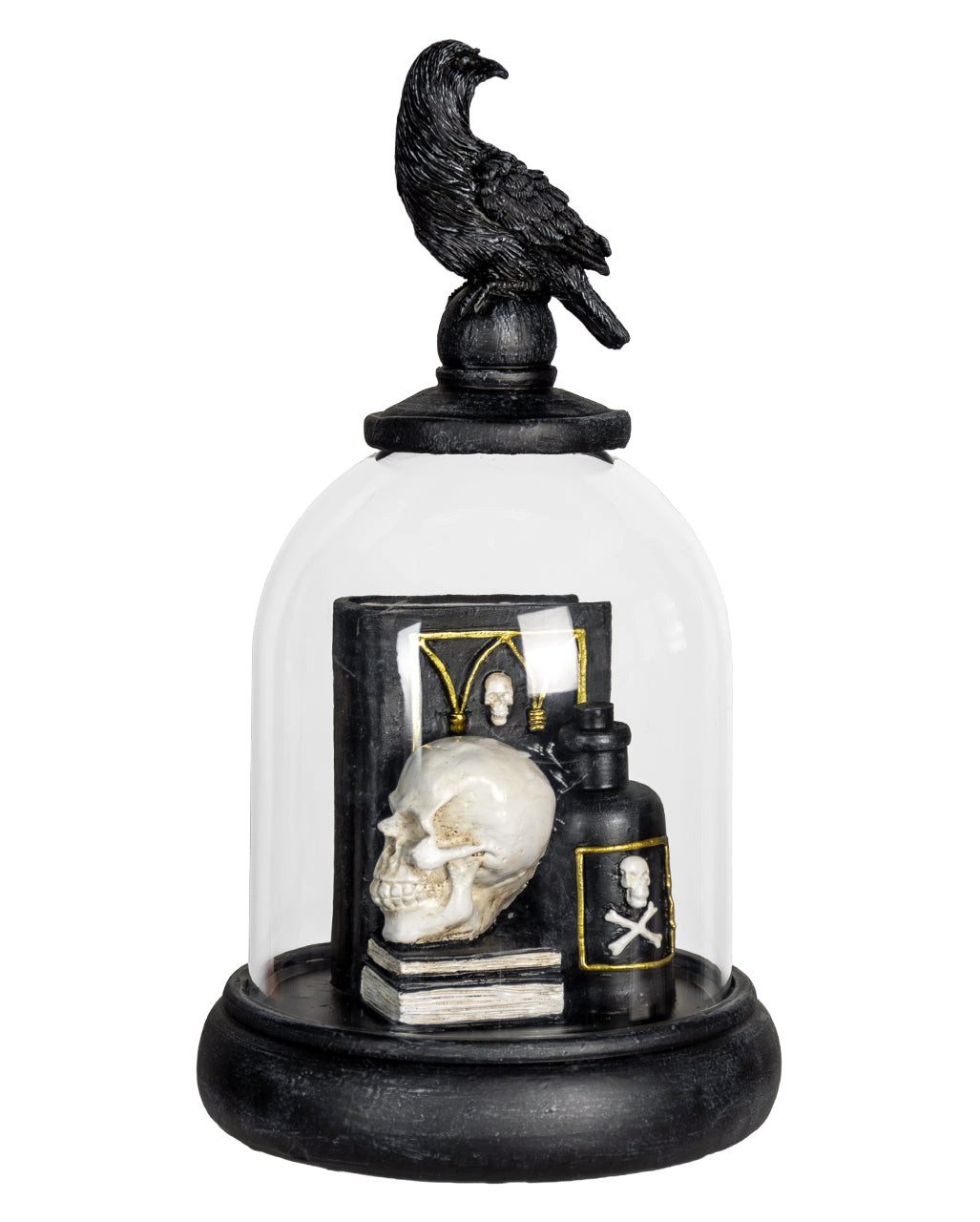 Horror-Shop Dekofigur Gothic Totenkopf Deko unter Glasglocke mit Rabe –