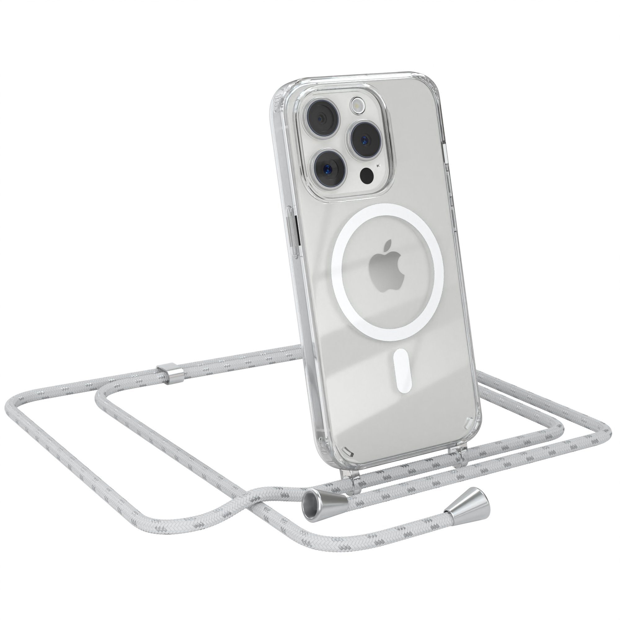 EAZY CASE Handykette mit-/ohne Magsafe Hülle für iPhone 15 Pro 6,1 Zoll, Handykordel Qi-Case Slimcover mit Umhängeband zum Umhängen Weiß Silber