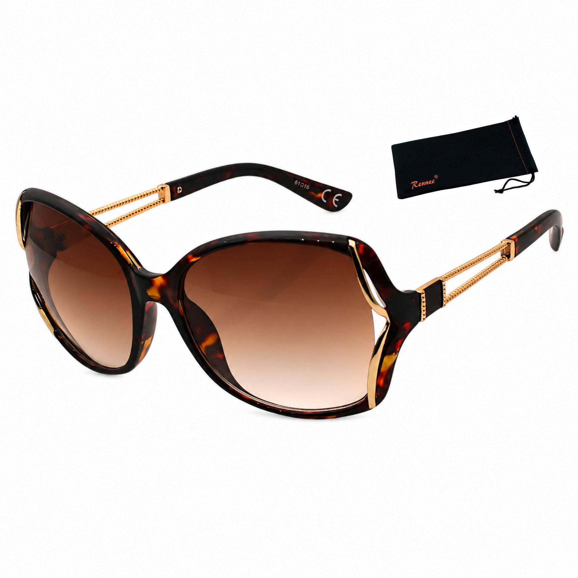 Rennec Sonnenbrille elegante Damen Brille Modern Oval mit Brillenbeutel Schmetterling Gläser Oversized, Markenbrille mit Gold Applikationen