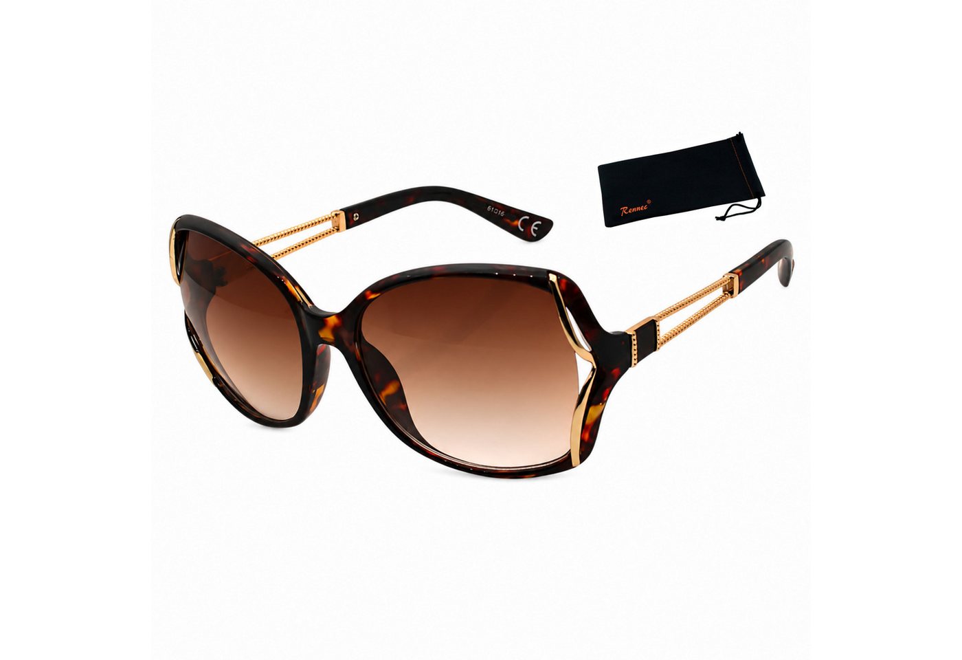 Rennec Sonnenbrille elegante Damen Brille Modern Oval mit Brillenbeutel Schmetterling Gläser Oversized, Markenbrille mit Gold Applikationen