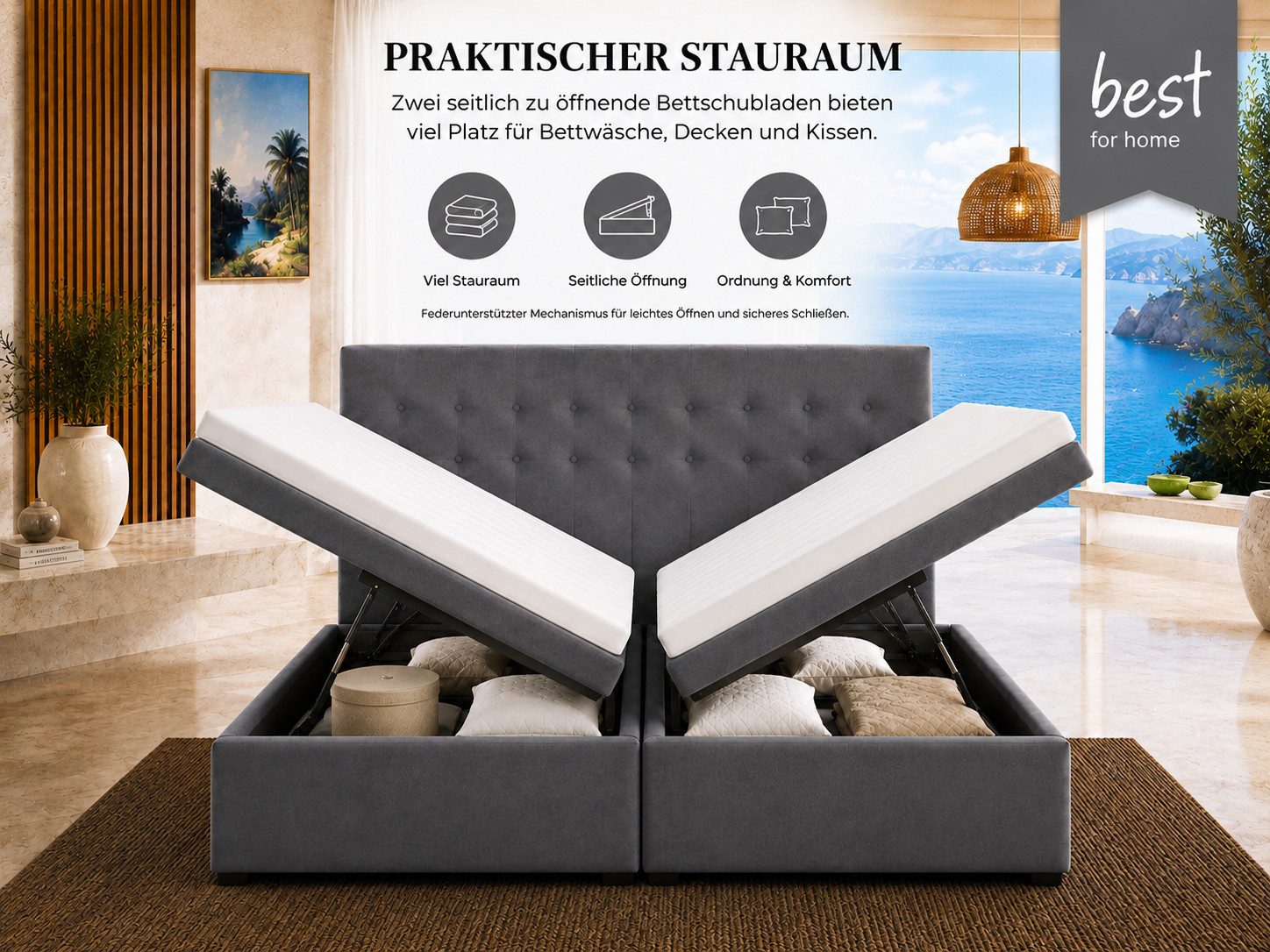 Best for Home Boxspringbett Polsterbett mit 7-Zonen-Taschenfederkernmatratze und Schubladen (Komplettset (Boxspringbett inkl. 2 Matratzen, Topper & Stauraum-Sch – Bild 2 von 5