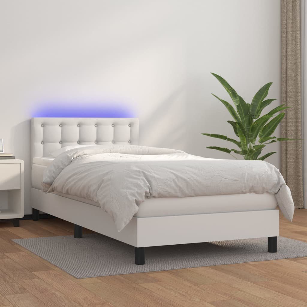 vidaXL Bett Boxspringbett mit Matratze & LED Weiß 90x200 cm Kunstleder