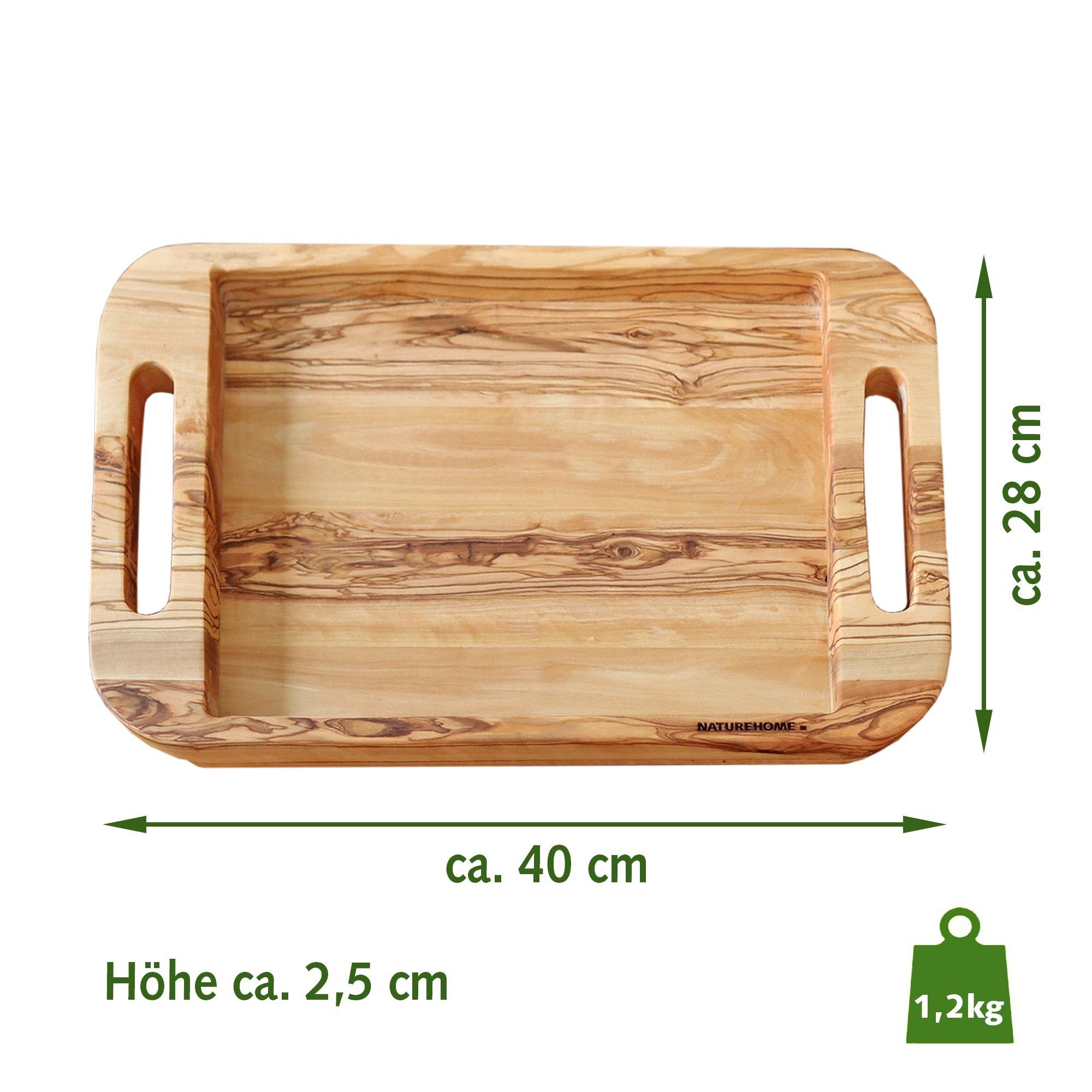 NATUREHOME Tablett Holztablett mit Griff Olivenholz, / Nachhaltig Massivholz, cm), 50x35 NH-F, Handarbeit, (40x28cm