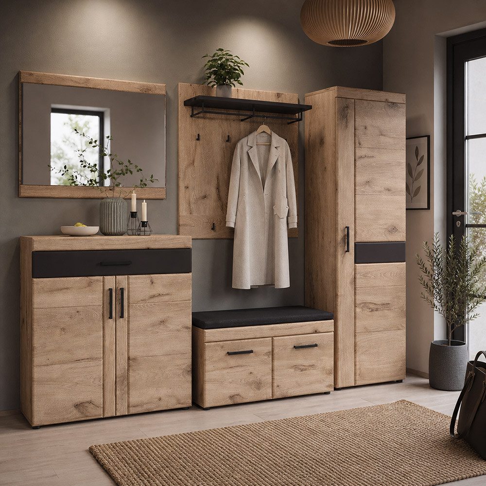 Lomadox Garderoben-Set GRAHAM-129, (Spar-Set, 5-St., Garderobenbank Flurschrank Kommode Spiegel Garderobenpaneel), Eiche Dekor mit Grau Softclose Kleiderstangen Hutablage
