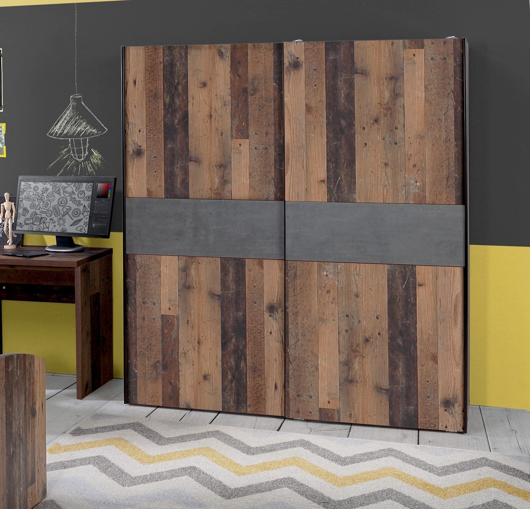 PREISBRECHER Kleiderschrank WINNIE in Old Wood Vintage / Betonoptik Dunkelgrau - 170,3 x 190,5 x 61,2 cm