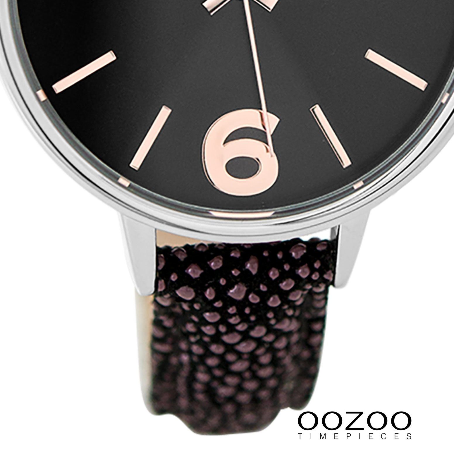lila 38mm) Damenuhr Fashion-Style rund, Armbanduhr OOZOO Oozoo Quarzuhr schwarz, (ca. mittel Damen Lederarmband,
