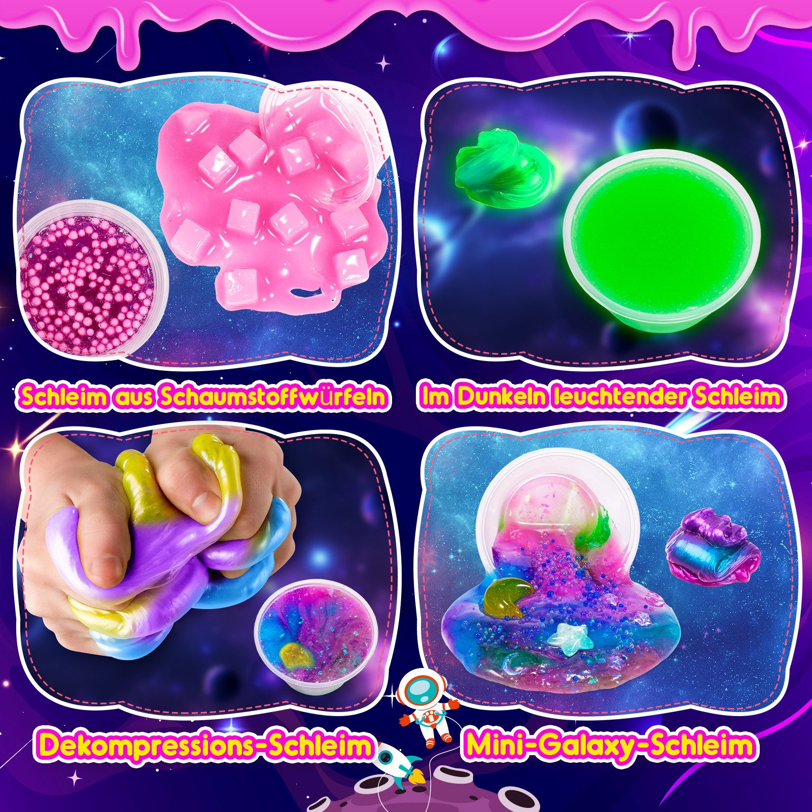 Wootoy Kreativset Experimentierkasten Schleim Bastelset Galaxy Einhorn DIY Slime Kit, (mit Glitzer Perlen und Zubehör zum Kreativen Gestalten, 1-tlg., Schleim-Bastelset in zwei Themenwelten: Galaxie oder Einhorn), Fördert Kreativität Feinmotorik und spielerisches Experimentieren