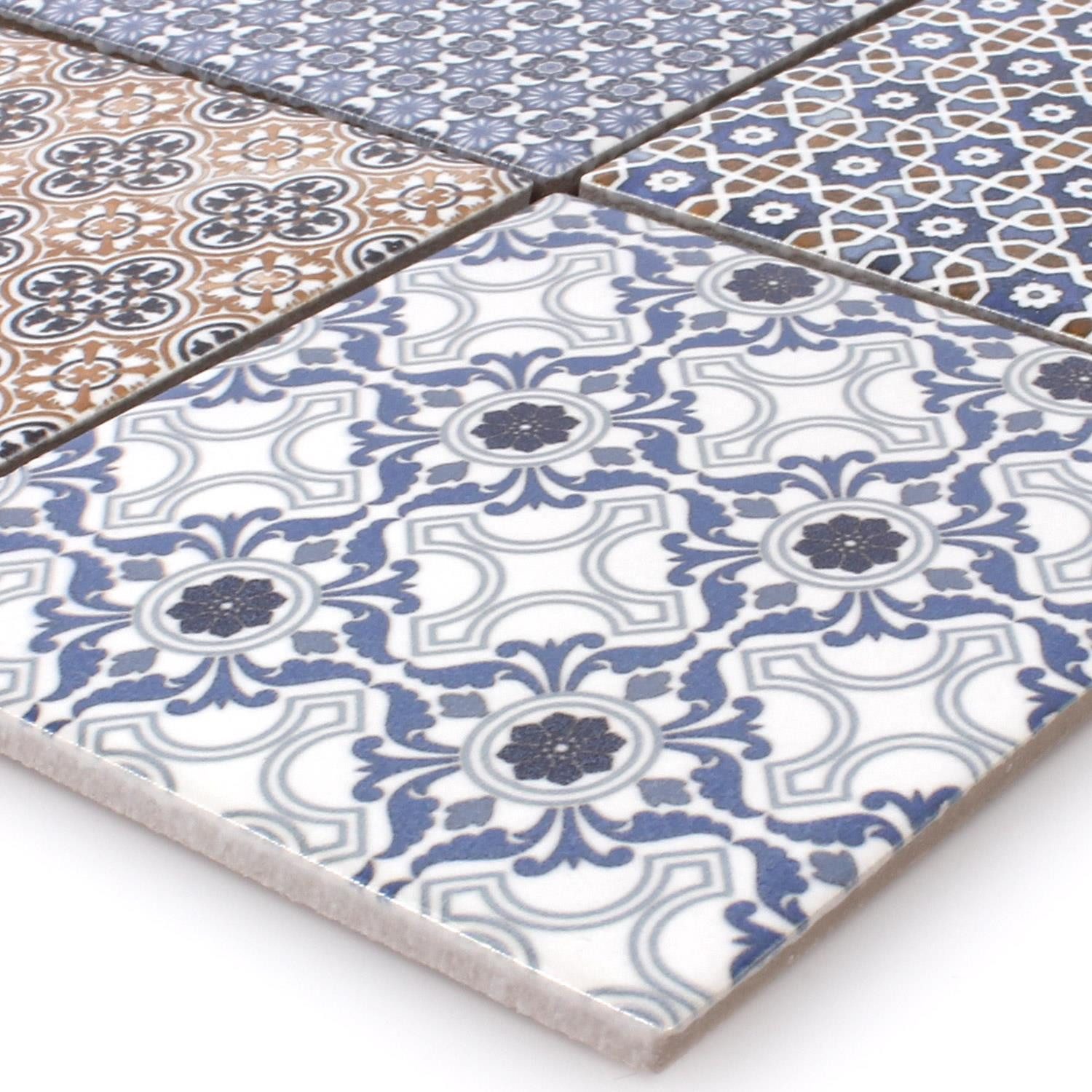 Mosafil Mosaikfliesen Keramik Mosaikfliesen Daymion Retrooptik Blau Braun 97, Keramik 29.800x29.800, weiß-braun-blau, Verlegefertig auf ein Netz geklebt - Frostsicher - Wasserfest