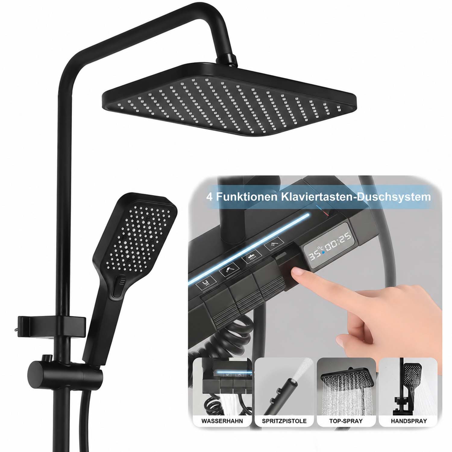 oyajia Brausegarnitur Duschsystem Warm/Kalt mit Klaviertasten & Digitaler Temperaturanzeige, 4 Strahlart(en), Regendusche mit LED-Stimmungslicht, Höhenverstellbares Duschrohr