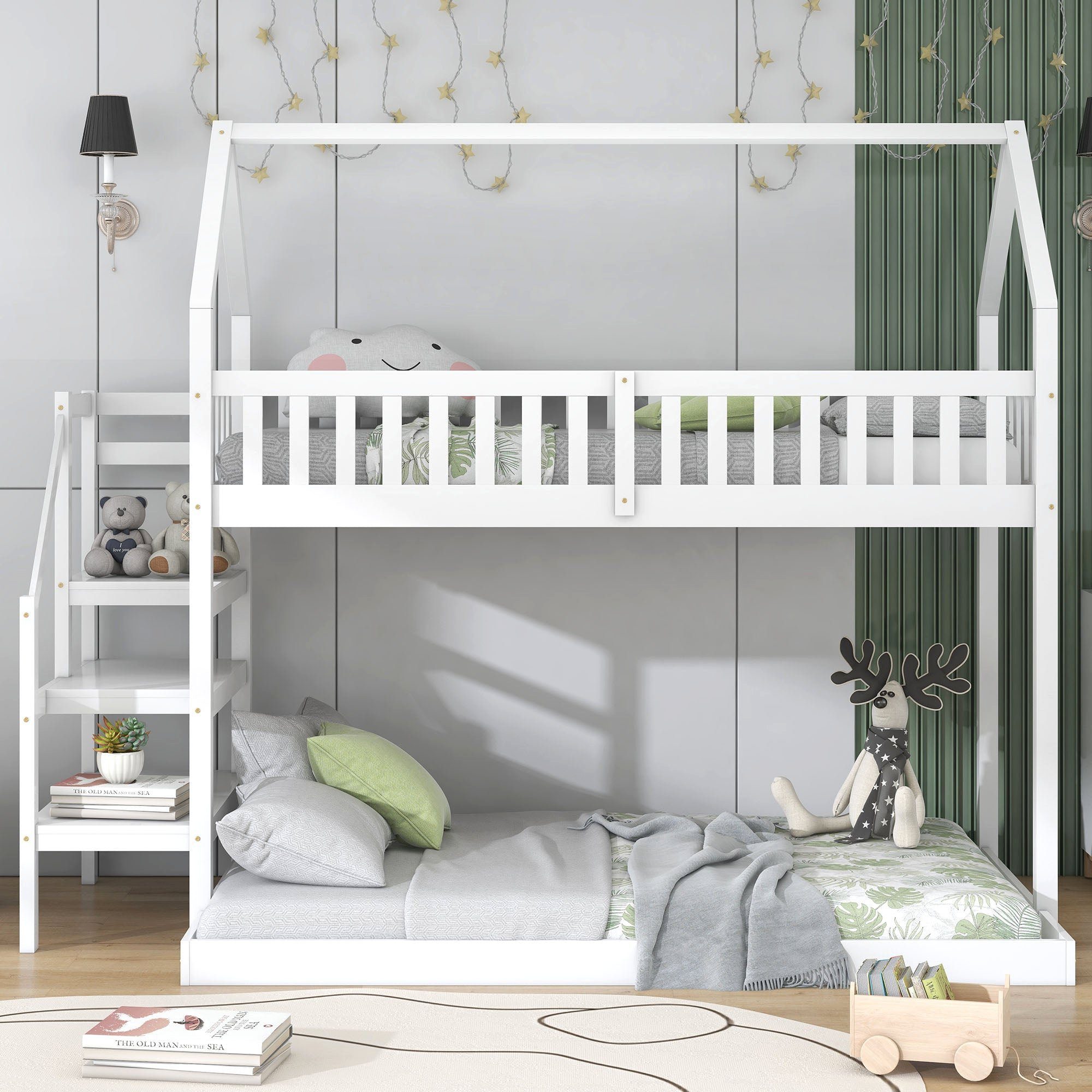BUMHUM Bett Etagenbett Hausbett mit Treppe Kinderbett (mit Fallschutz und  Gitter Rahmen), aus Kiefer weiß (90x200cm)