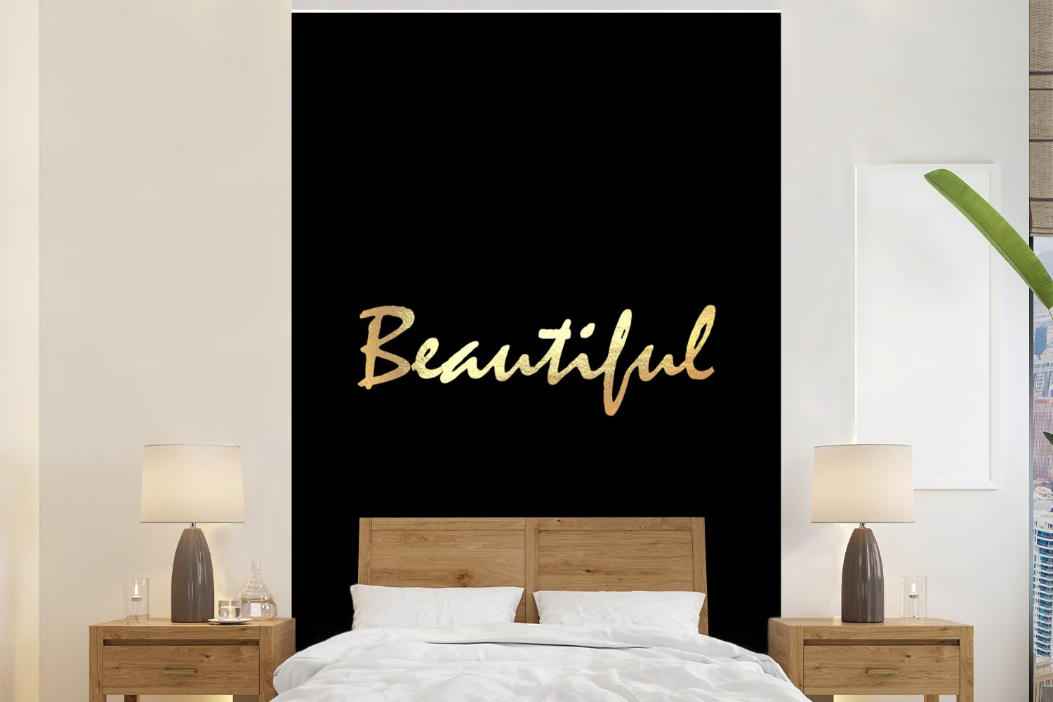 MuchoWow Fototapete Zitat - Schönheit - Schwarz - Gold, Matt, bedruckt, (3 St), Montagefertig Vinyl Tapete für Wohnzimmer, Wandtapete | Fototapeten