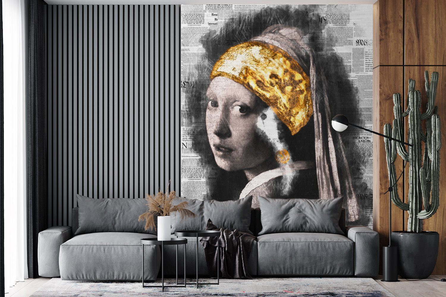 Wohnzimmer, Collage, Montagefertig Tapete (4 St), mit Vinyl Fototapete - dem Mädchen für bedruckt, Wandtapete MuchoWow Matt, Perlenohrring Das Vermeer -