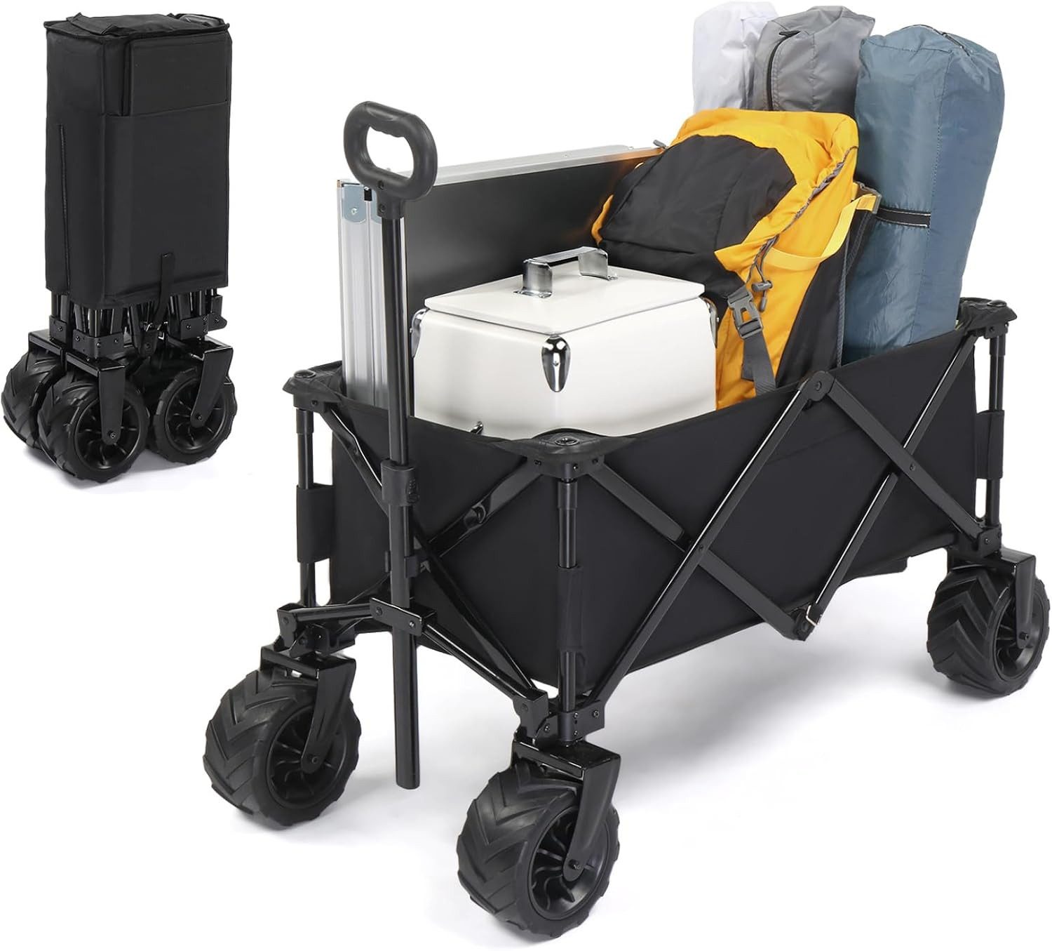 LALAHO Bollerwagen Faltbar, 18cm Extra Breite Reifen, bis zu 100 kg, Verstellbarem Griff, klappbar Transportwagen, 107x54x91 cm
