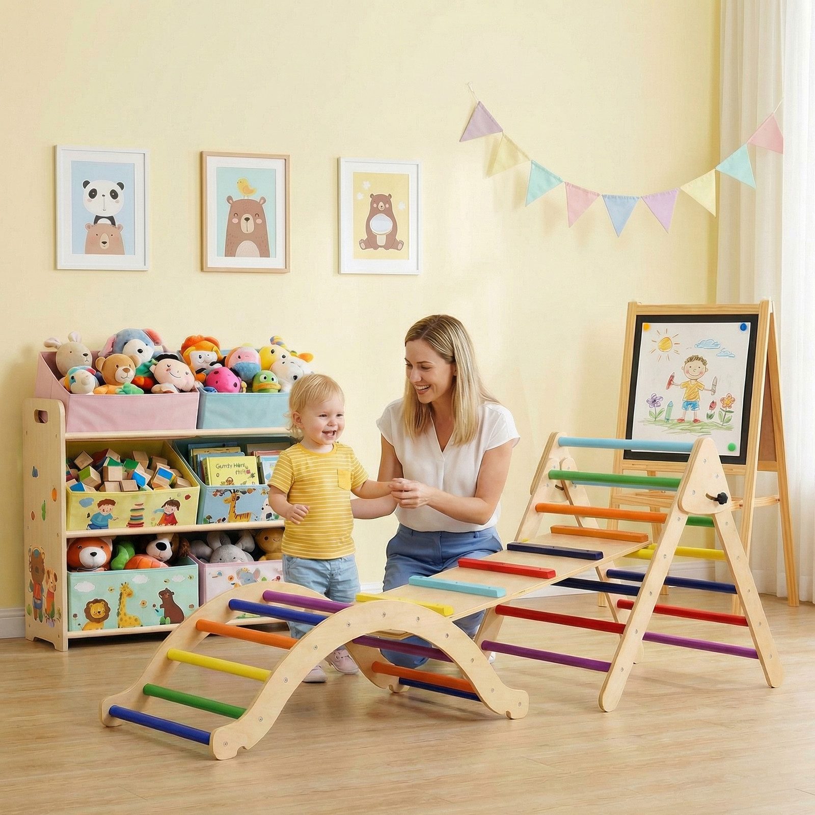 TLGREEN Klettergerüst Indoor Klappbar, 2 in 1 Kletterdreieck mit Rutsche, (3-St), Regenbogen Kletterdreieck mit Rutsche