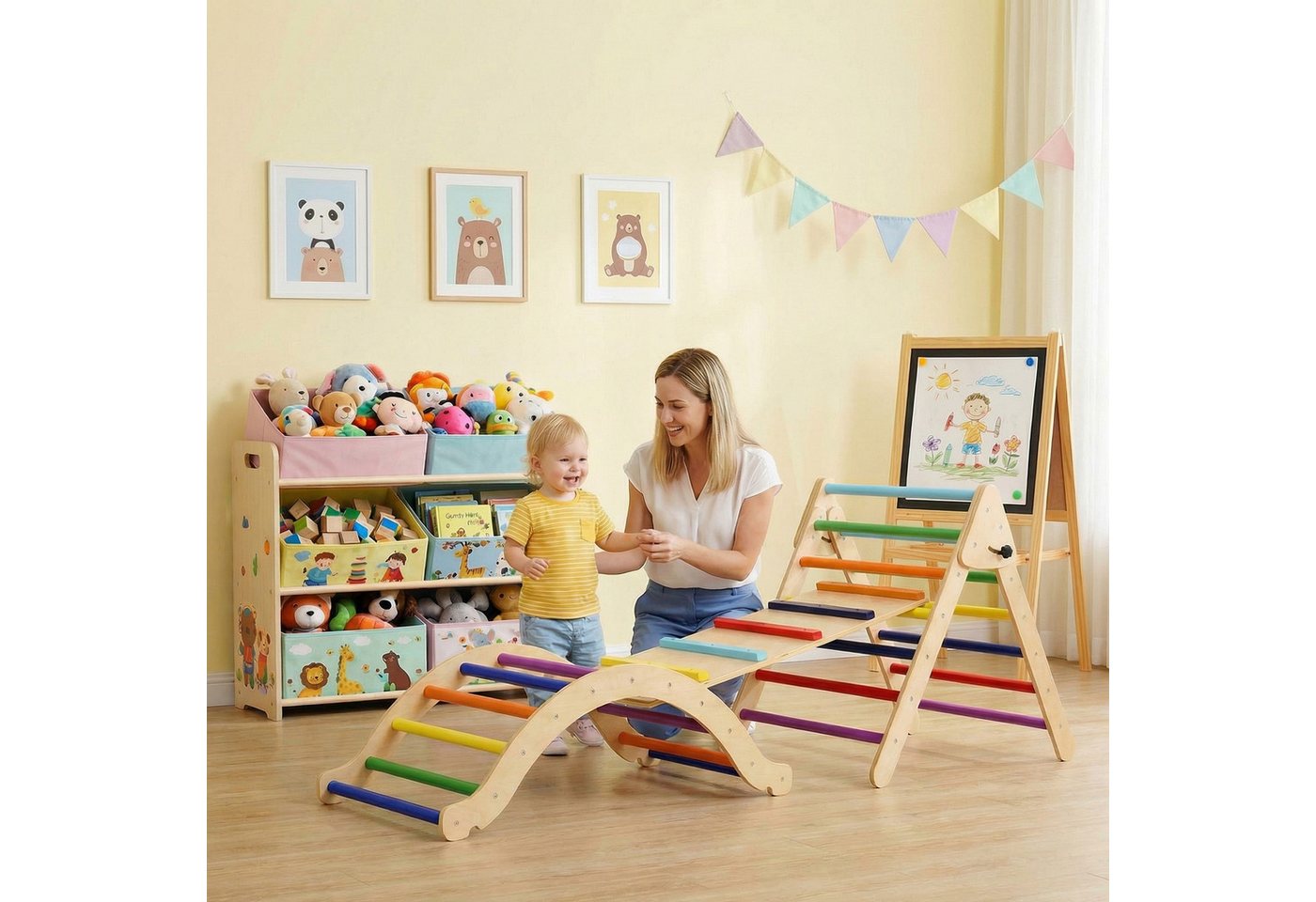 TLGREEN Klettergerüst Indoor Klappbar, 2 in 1 Kletterdreieck mit Rutsche, (3-St), Regenbogen Kletterdreieck mit Rutsche