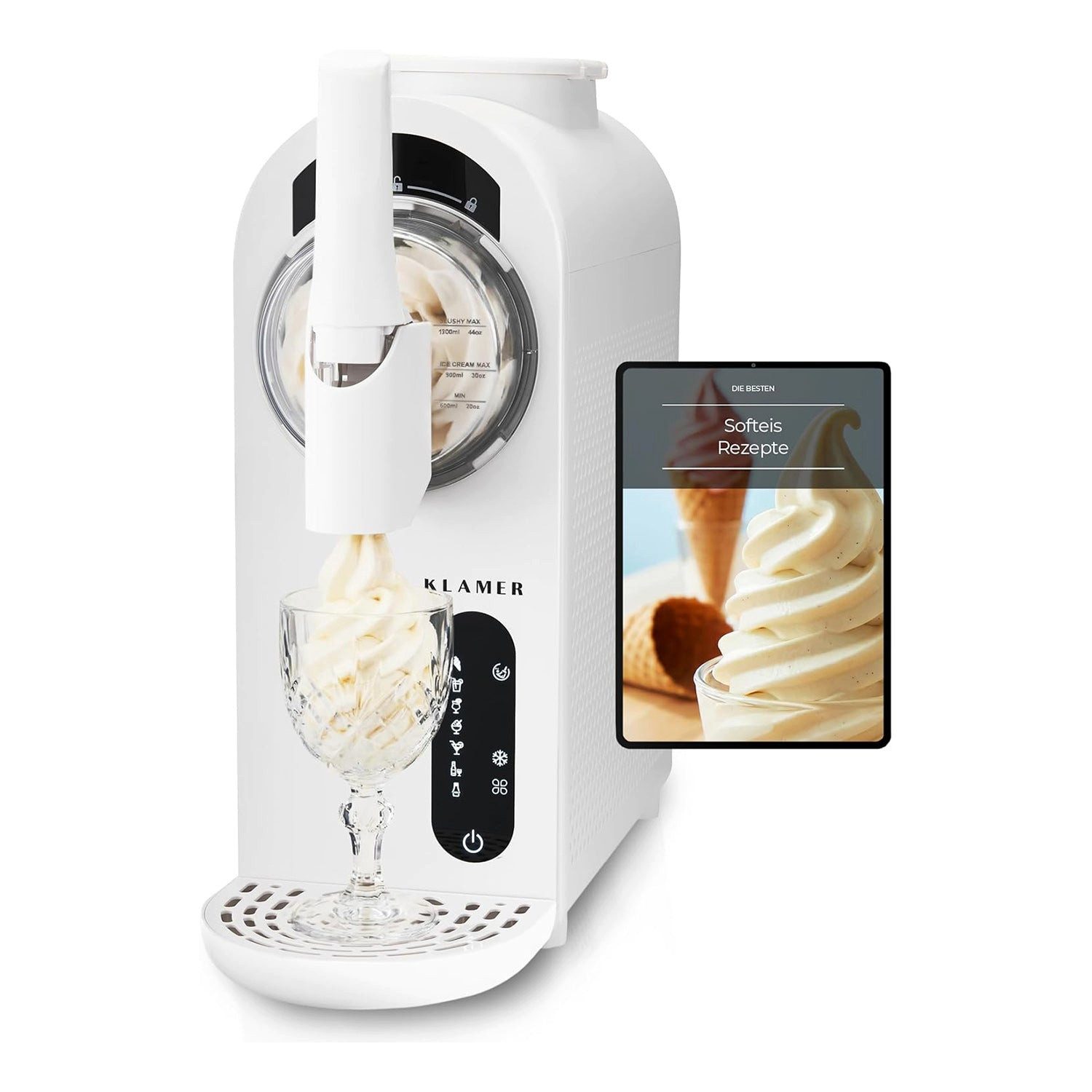 KLAMER Eismaschine 1,5L, 7 Programme (Softeis, Slush, Frapp), Eismaschine & Slush Masch…, 1,5 l, 210 W, Kompressor-Technologie, 7 Programme, Automatische Reinigung