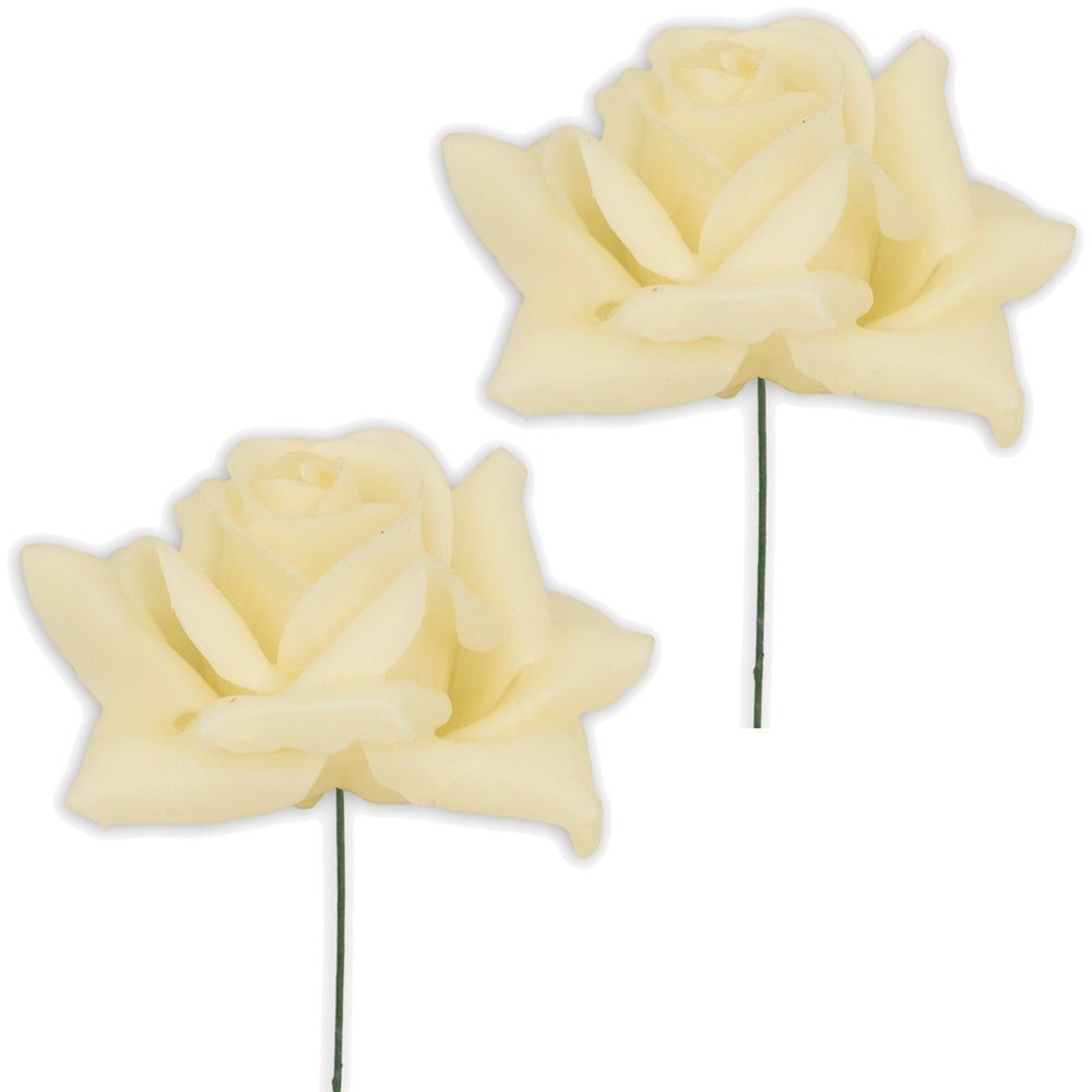 Kunstblume Wachsrosen mit Drahtstiel Deko Textilrosen Ø 7 cm 2er - cremeweiß Rose, matches21 HOME & HOBBY