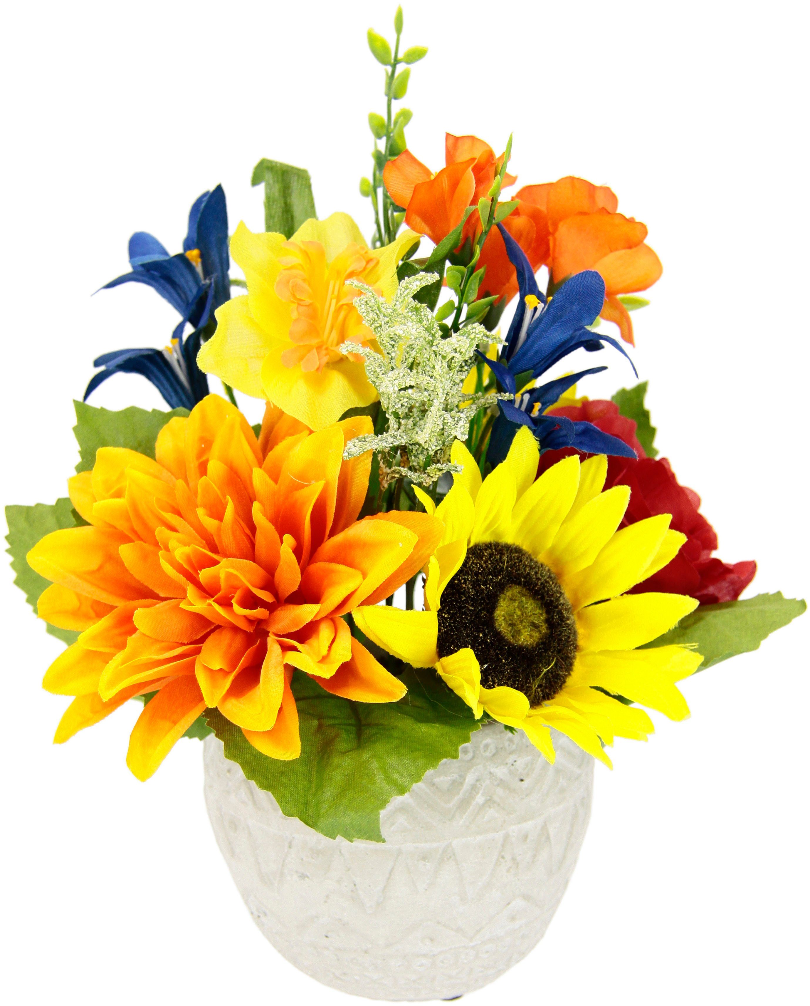Gestecke Sommerblumen-Arrangement Sonnenblume Dahlie Mohn Sternblume  Narzisse, I.GE.A., Höhe 25 cm, Aus künstlichen Blumen, im Übertopf aus  Keramik