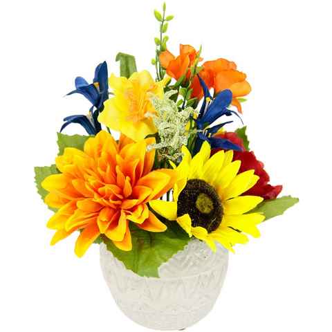 Gestecke Sommerblumen-Arrangement Sonnenblume Dahlie Mohn Sternblume Narzisse, I.GE.A., Höhe 25 cm, Aus künstlichen Blumen, im Übertopf aus Keramik