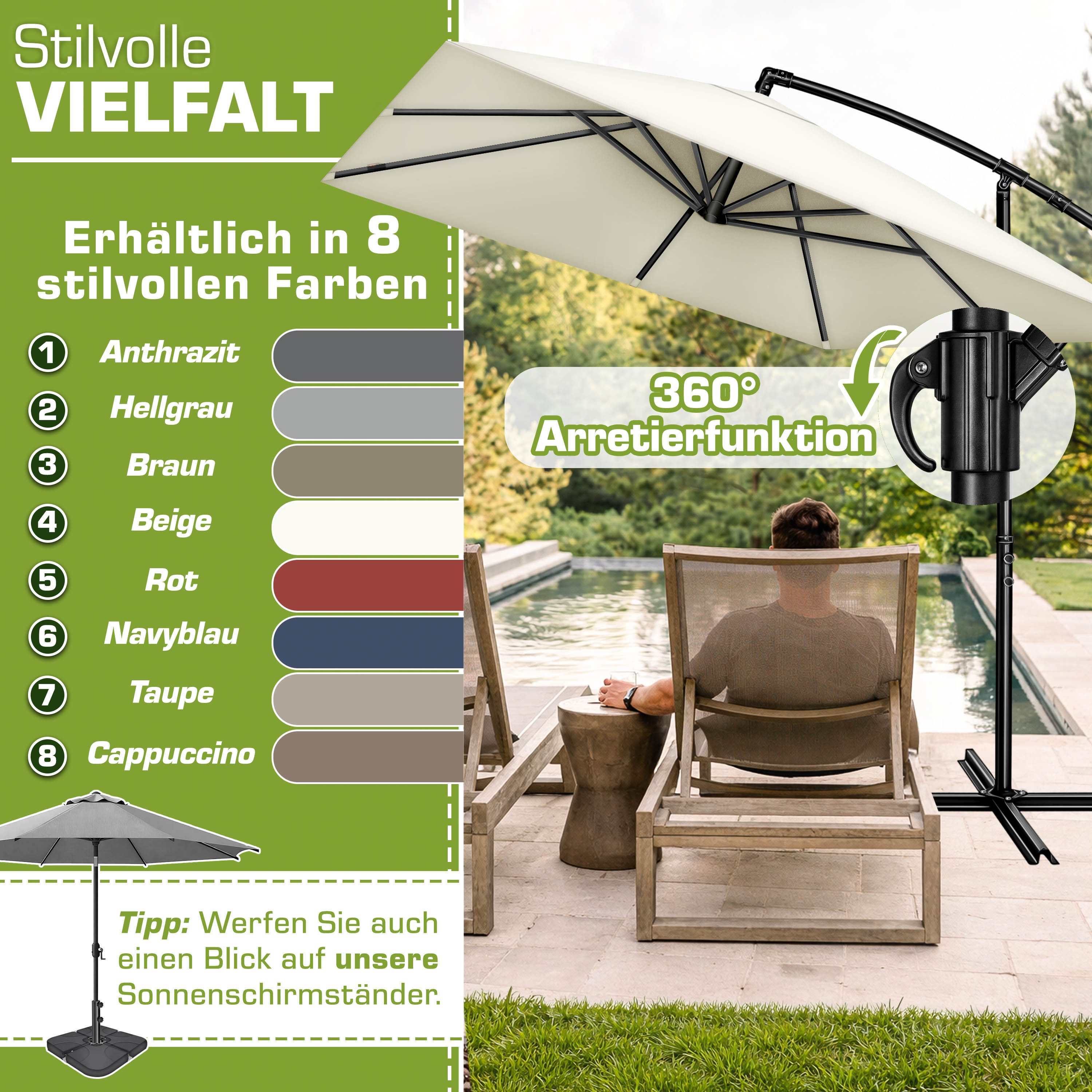 tillvex Sonnenschirm tillvex® Sonnenschirm eckig 235 x 235 cm Ampelschirm Gartenschirm, Kurbelschirm Marktschirm wasserdicht 360° drehbar, mit Kurbel & Windschu – Bild 5 von 5