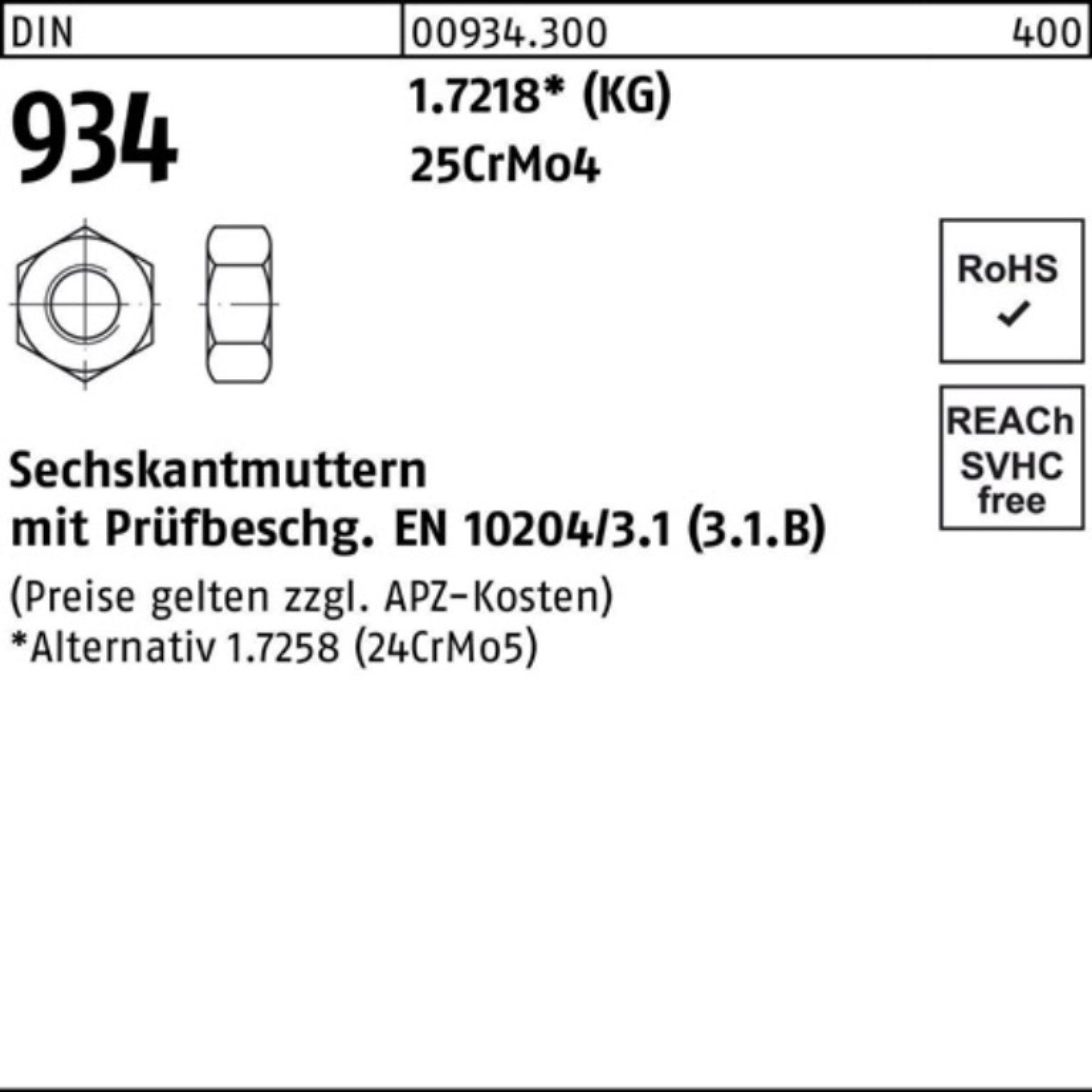 Reyher Muttern 100er Pack Sechskantmutter DIN 934 M10 25CrMo4 1 Stück DIN 934 1.7218