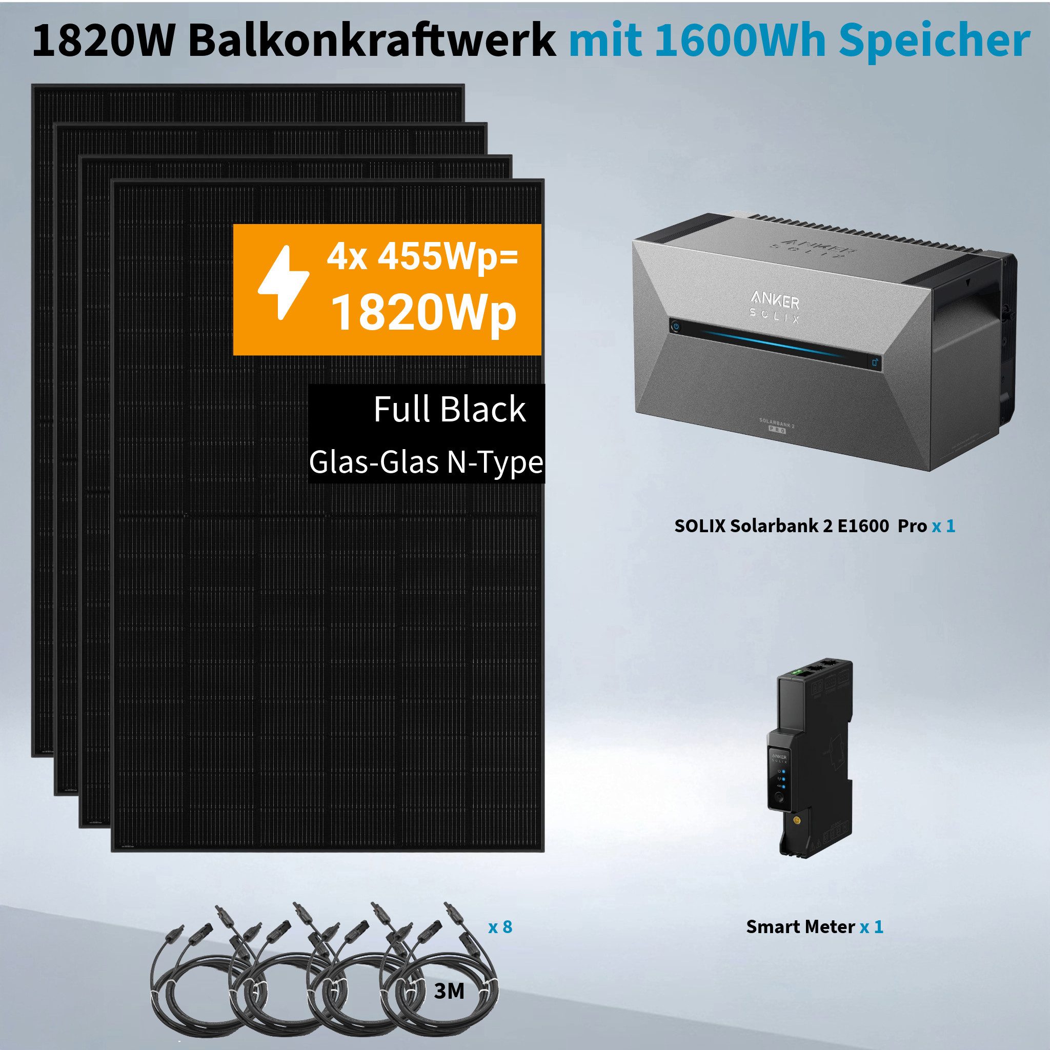 Anker Balkonkraftwerk Solix 1820W Photovoltaikanlage Komplettset mit Solarbank E1600 2 Pro, 1820 W, N typ Glas-Glas, Vollschwarz, (Set, 4-St., 4 Solarmodule+1 A – Bild 2 von 5