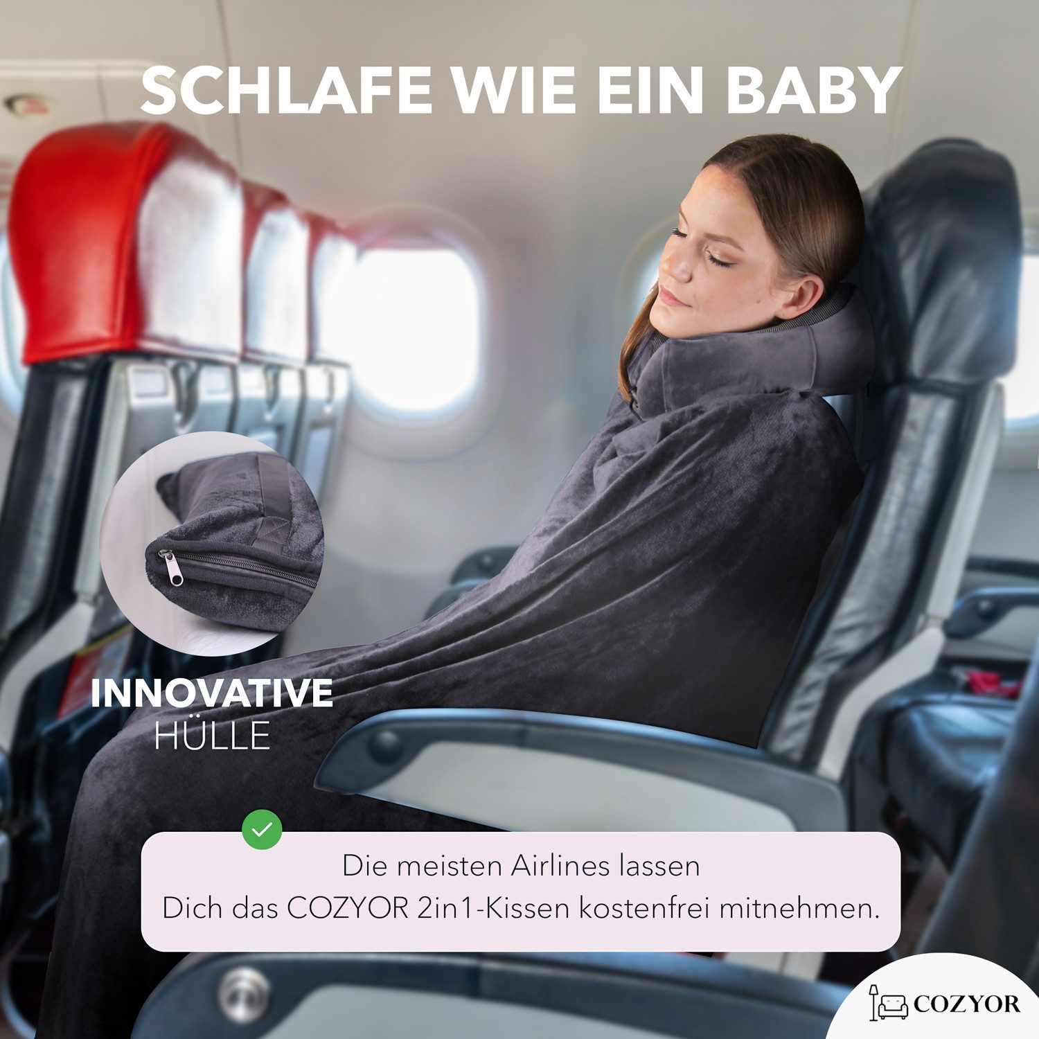 Cozyor Reisekissen und Reisedecke 2 in 1, Reiseset kuschelig weich + Rucksack-Clip, & mit praktischer Befestigung für Koffer, anthrazit dunkelgrau, 1-tlg., Verwandlungskissen, Flugzeugdecke für unterwegs wahlweise mit Nackenkissen & Augenmaske