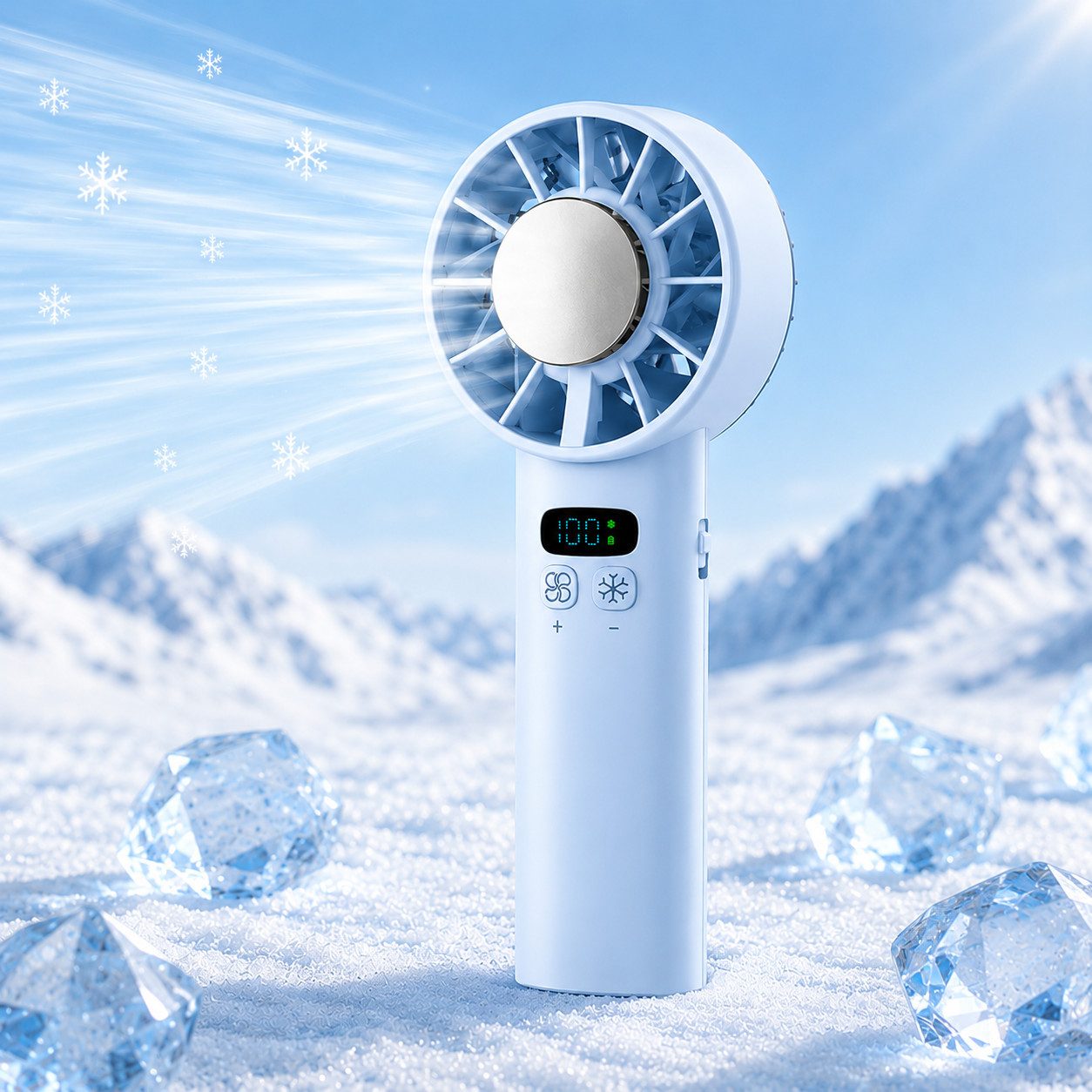 MOPUEA Handventilator Mini-Handventilator mit Eiskompressenfunktion LED-Display, 100 Geschwindigkeitsstufen für Reise, Outdoor, Zuhause