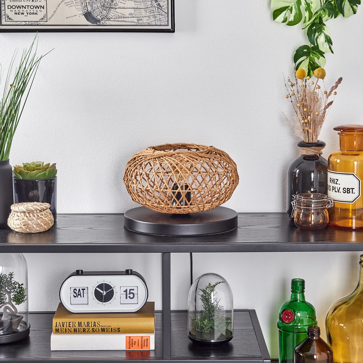 hofstein Tischleuchte moderne Boho Tischlampe aus Metall/Rattan in Schwarz/Natur, ohne Leuchtmittel, Gitterschirm Leuchte, Schalter am Kabel, 1 x E27, ohne Leuchtmittel