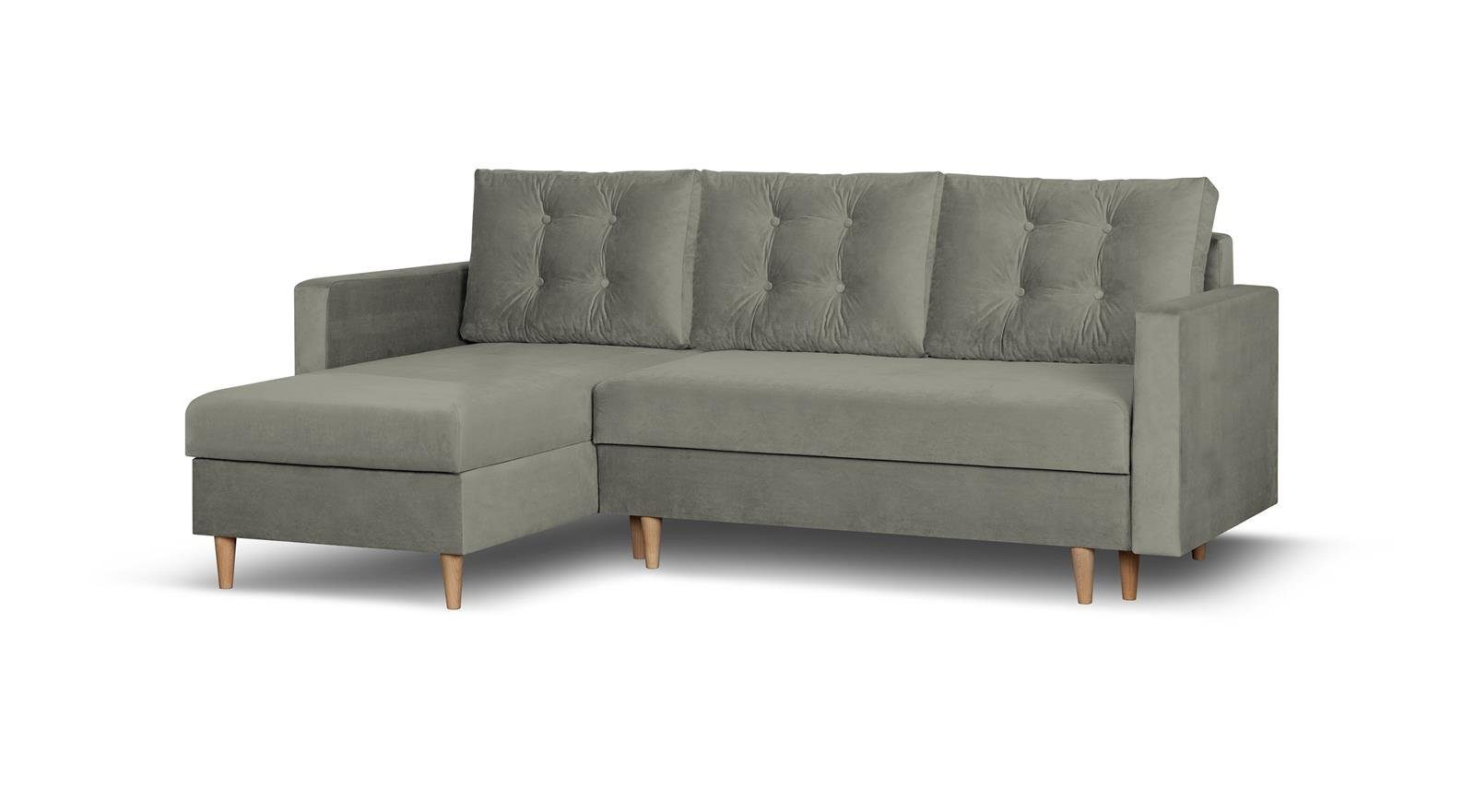 Beautysofa Ecksofa Sigurd, 226 cm Ecke für Wohnzimmer, im skandinavischen Stil, Polsterecke mit Schlaffunktion und Bettkasten Khaki-Grau (kronos 15)