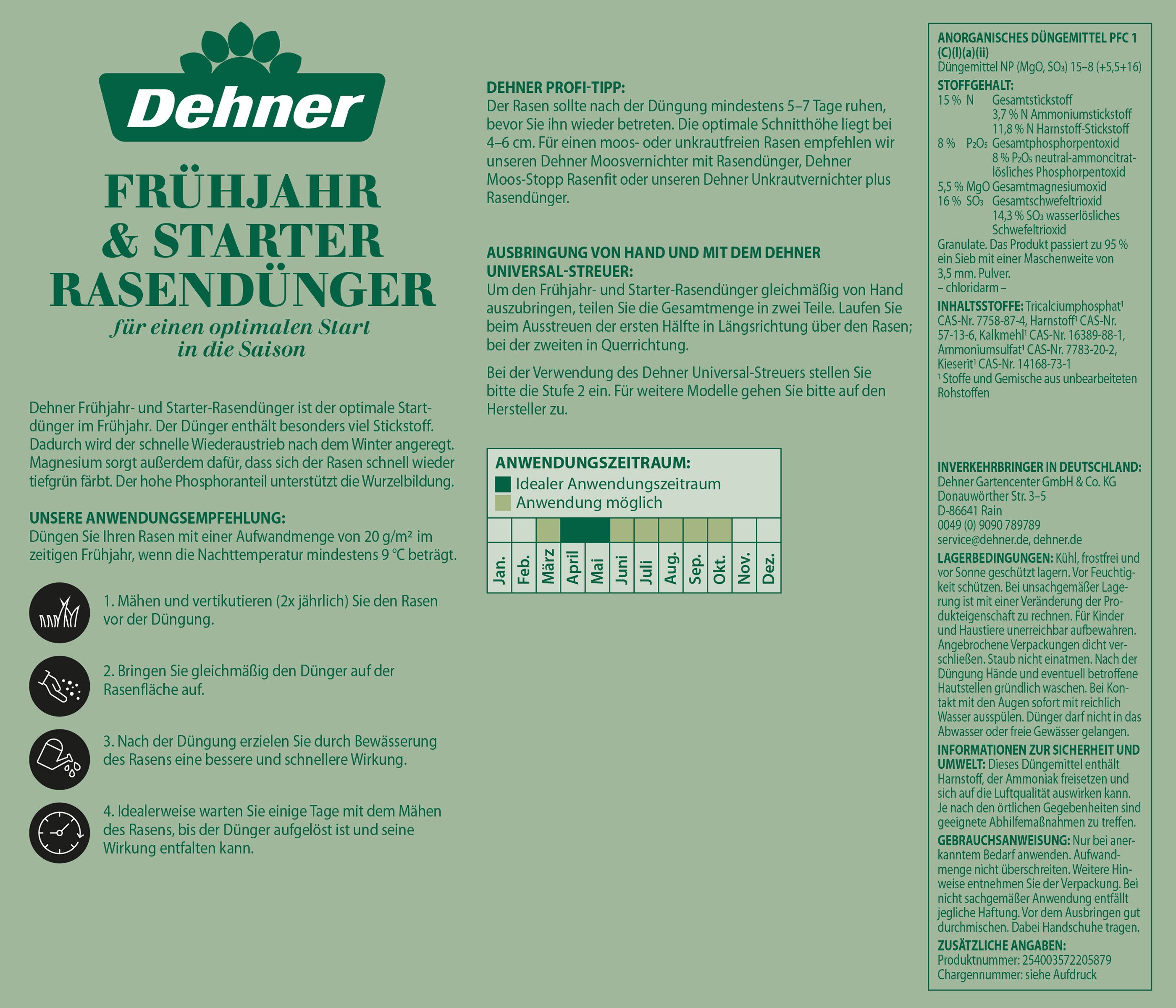 Dehner Rasensamen Frühjahr Starter-Rasendünger, fördert Wurzelbildung, 5 kg für 250 m², hoher Stickstoffanteil, tiefgrünes Wachstum, ideal nach Vertikutieren