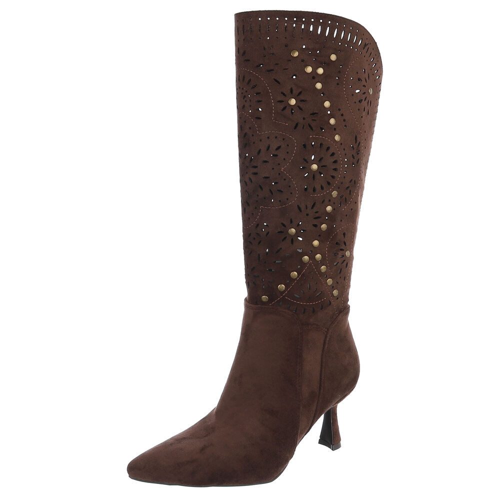 Ital-Design Kniehohe Stiefel mit Aussparungen und Absatz für Damen Sommerboots (91261226) Pfennig-/Stilettoabsatz Stiefel in Dunkelbraun