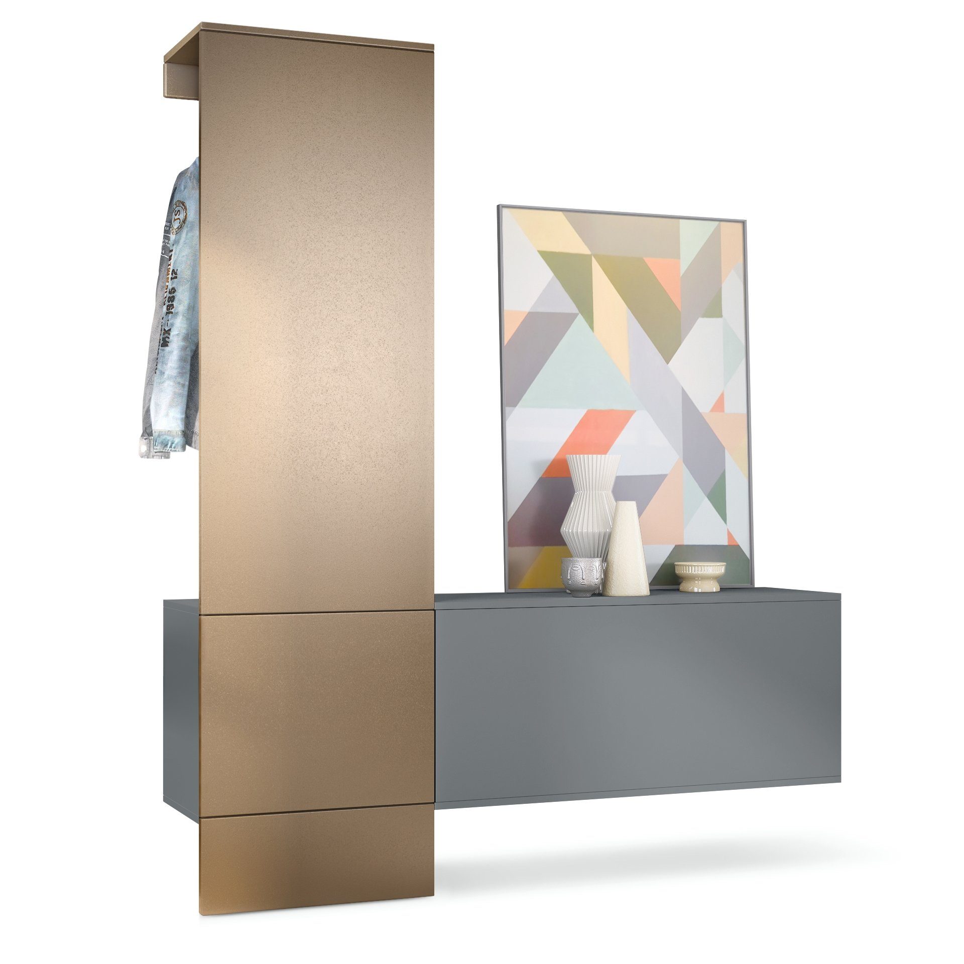 Vladon Garderoben-Set Carlton, (Wandgarderobe bestehend aus, 1 Paneel und 1 Schrankmodul), Anthrazit matt/Bronze Optik (156,5 x 193 x 35 cm)