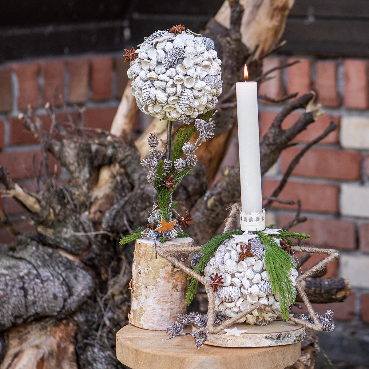 Florists Products Weihnachtsmann Winterdeko Holzdeko Baum Landhausstil Birke Eicheln Zapfen