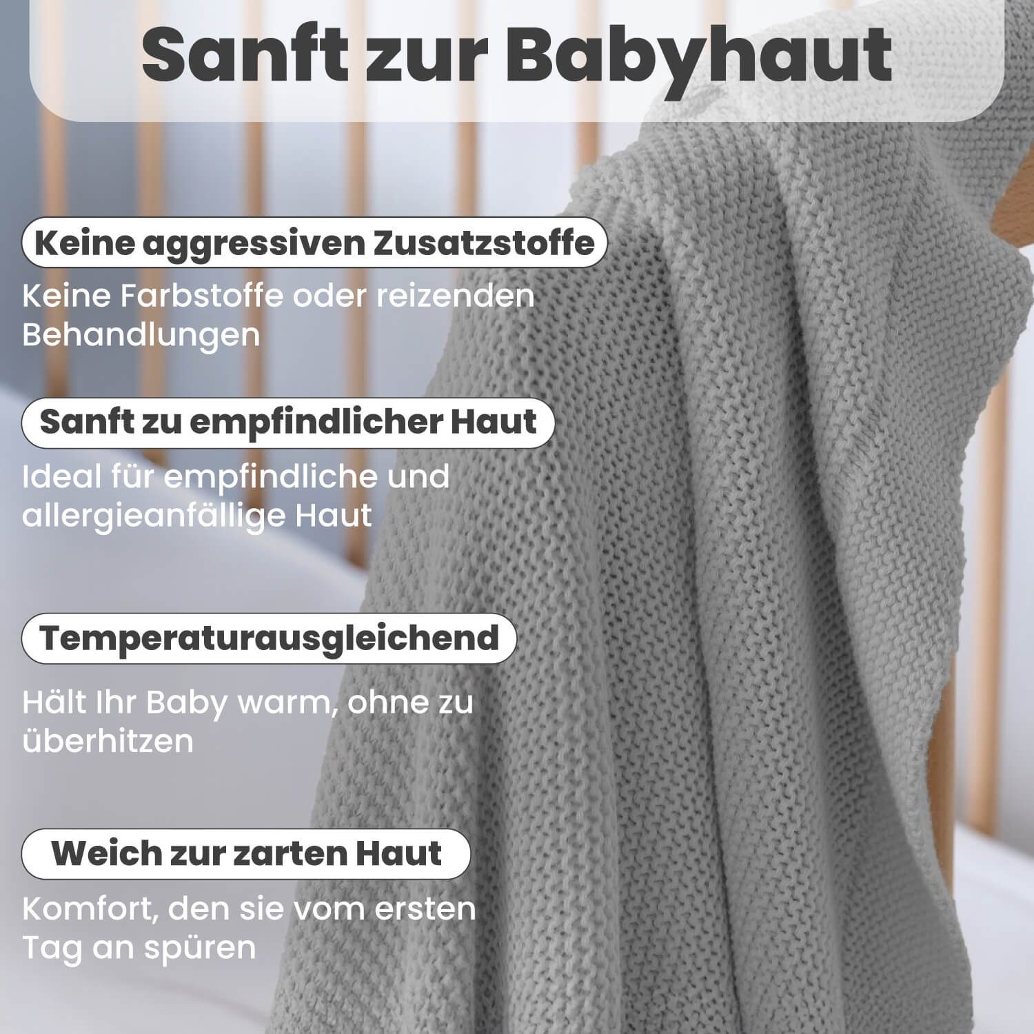 Babydecke Baby Strickdecke, %100 Bio Baumwolle, Atmungsaktiv, 80x100cm, Silber, Little Dedi – Bild 5 von 5