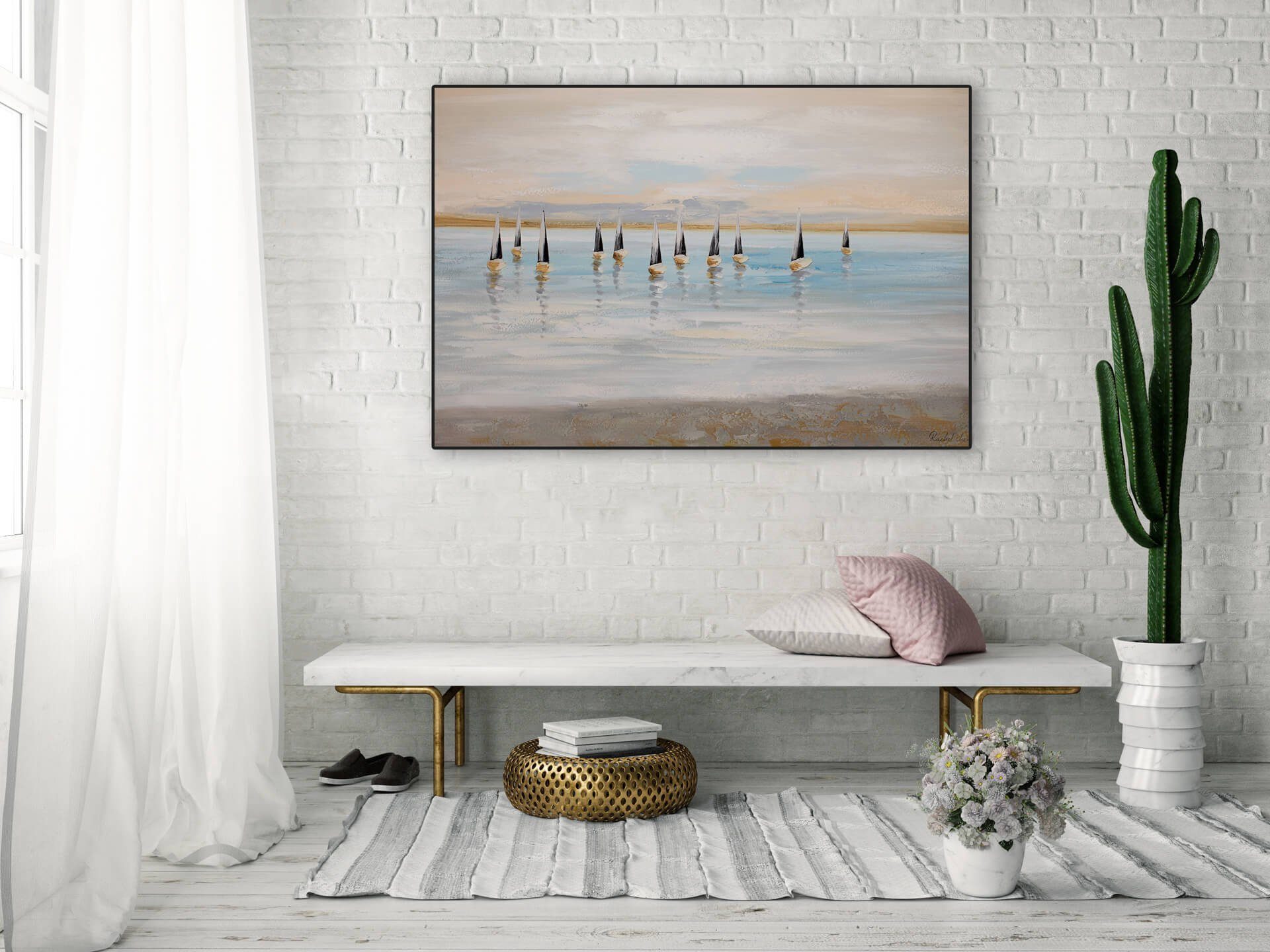 Wohnzimmer Meerpromenade Leinwandbild HANDGEMALT 120x80 Gemälde KUNSTLOFT 100% Wandbild cm,