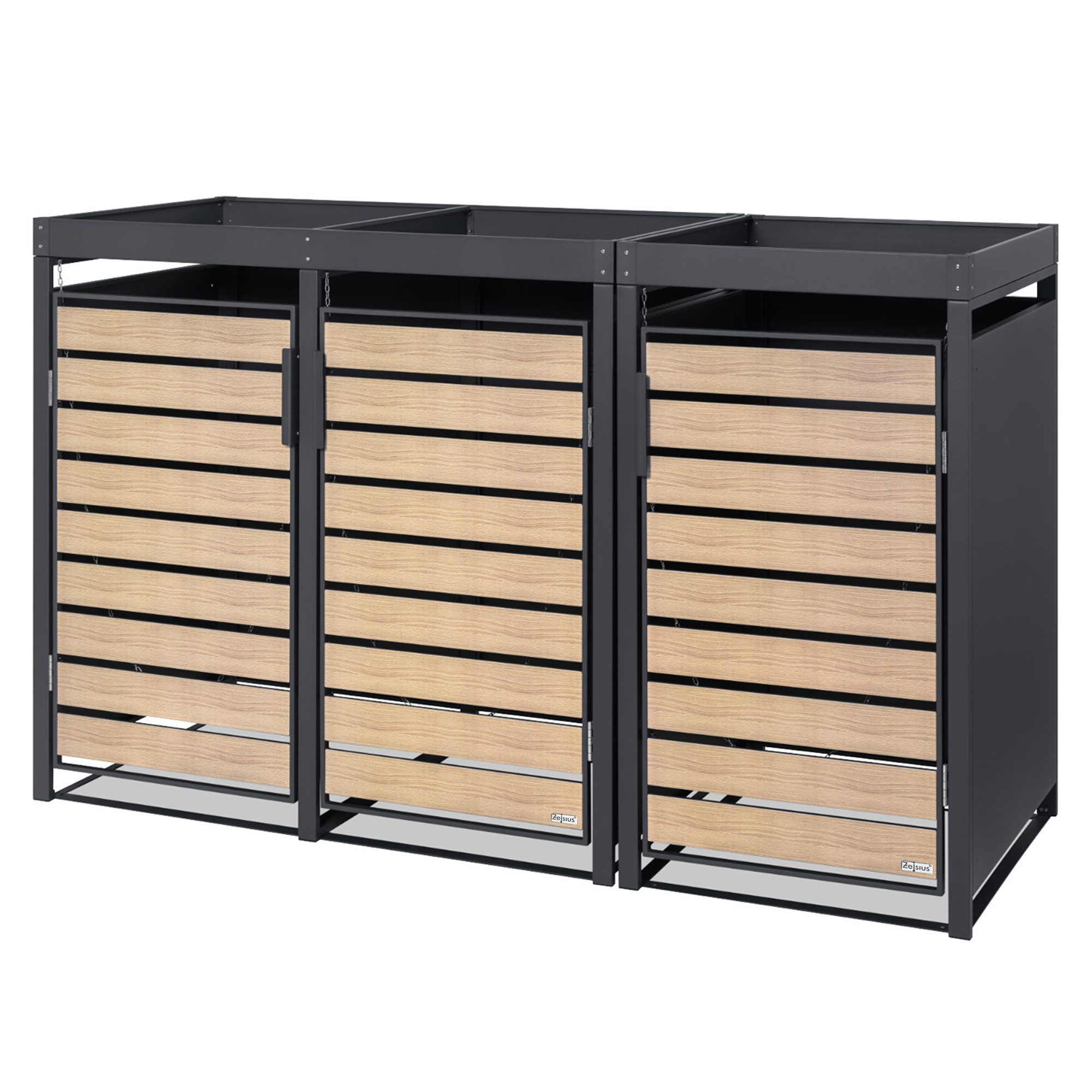 Zelsius Mülltonnenbox 3er mit Pflanzdach für 3 Tonnen, 120 - 240 Liter, Tür in Holzoptik