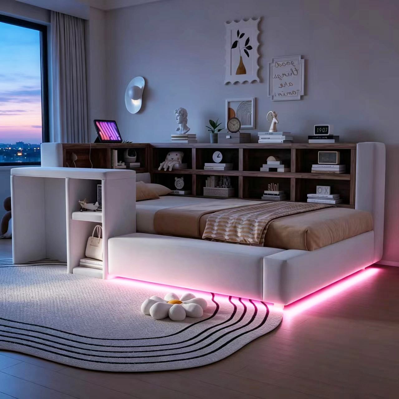 Merax Daybett 90x200cm mit LED-Beleuchtung und Steckdosen (Samt Jugendbett Sofabett Schlafsofa Kinderbett, 1 tlg), Polsterbett mit gepolstertem Kopfteil, Stauraum & Beistelltisch