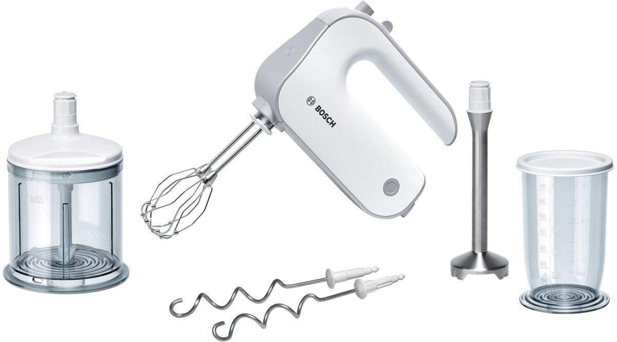 BOSCH Handmixer Styline MFQ4080, Edelst. Rührbesen/Knethaken, Mixfuß, 5 Stufen, weiß, 500 W, Zerkleinerer, Turbotaste, leichtes Gehäuse, Made in Europe