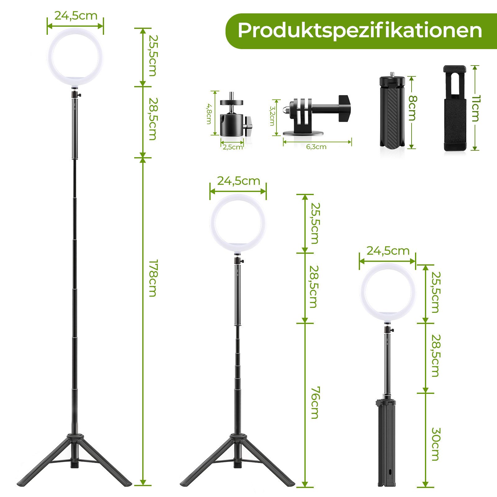 Rhein Beleuchtung Ringlicht LED Ringlicht mit Stativ 178 cm & Selfie Stick 10 Zoll, 10000mAh Akku, 3 Lichtfarben, 10 Helligkeitsstufen, 360° drehbar