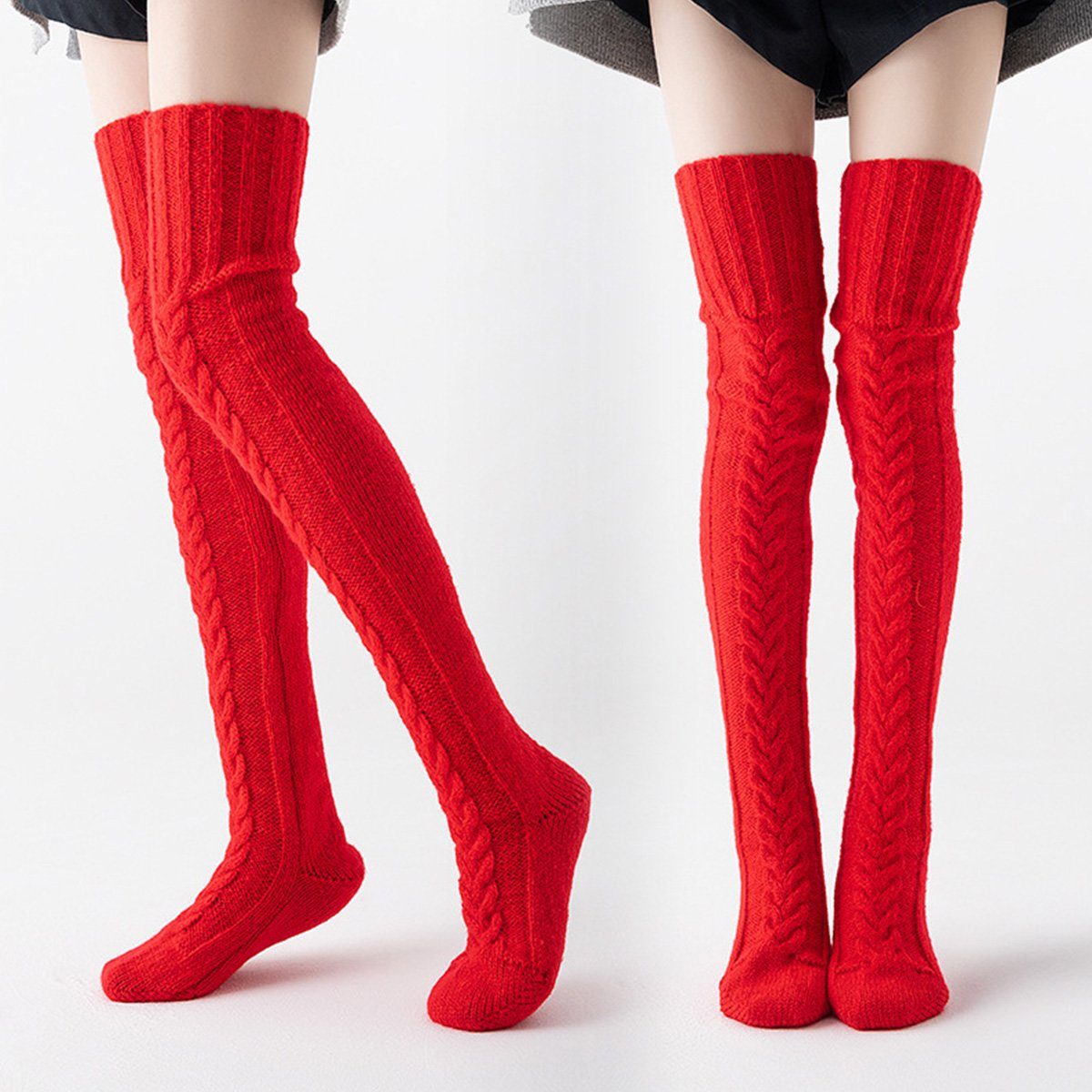 Damen, DOPWii Rot Strickstrümpfe 105/85cm dehnbare Winter-Overknee-Strümpfe, Socken