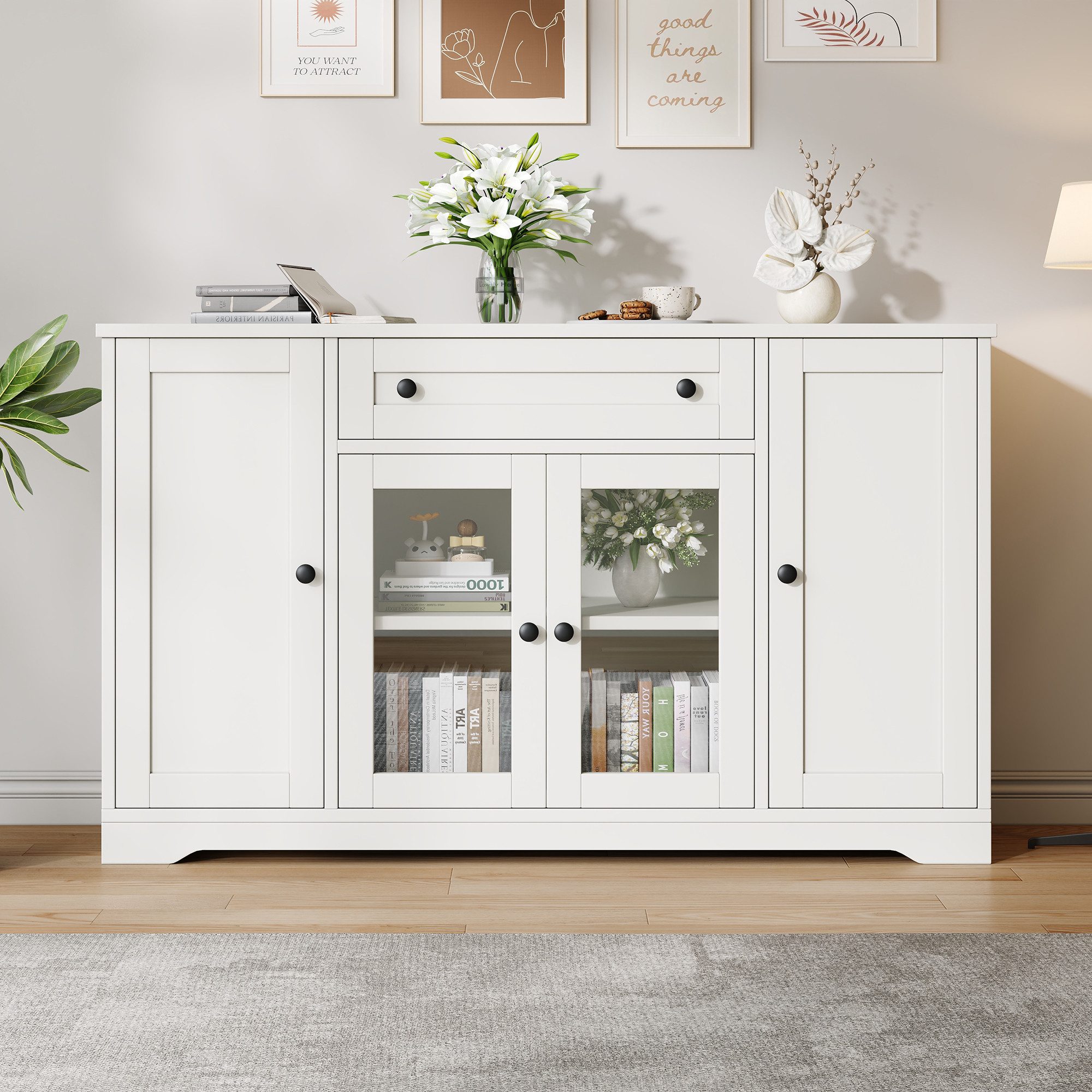 Merax Sideboard mit 4 Türen, 2 Glastüren, 1 Schublade und verstellbaren Einlegeböden (1 St., 138 x 40 x 83 cm (L x B x H), Kommode Wohnzimmerschrank Aufbewahrungsschrank mit schwarzem Rundgriff