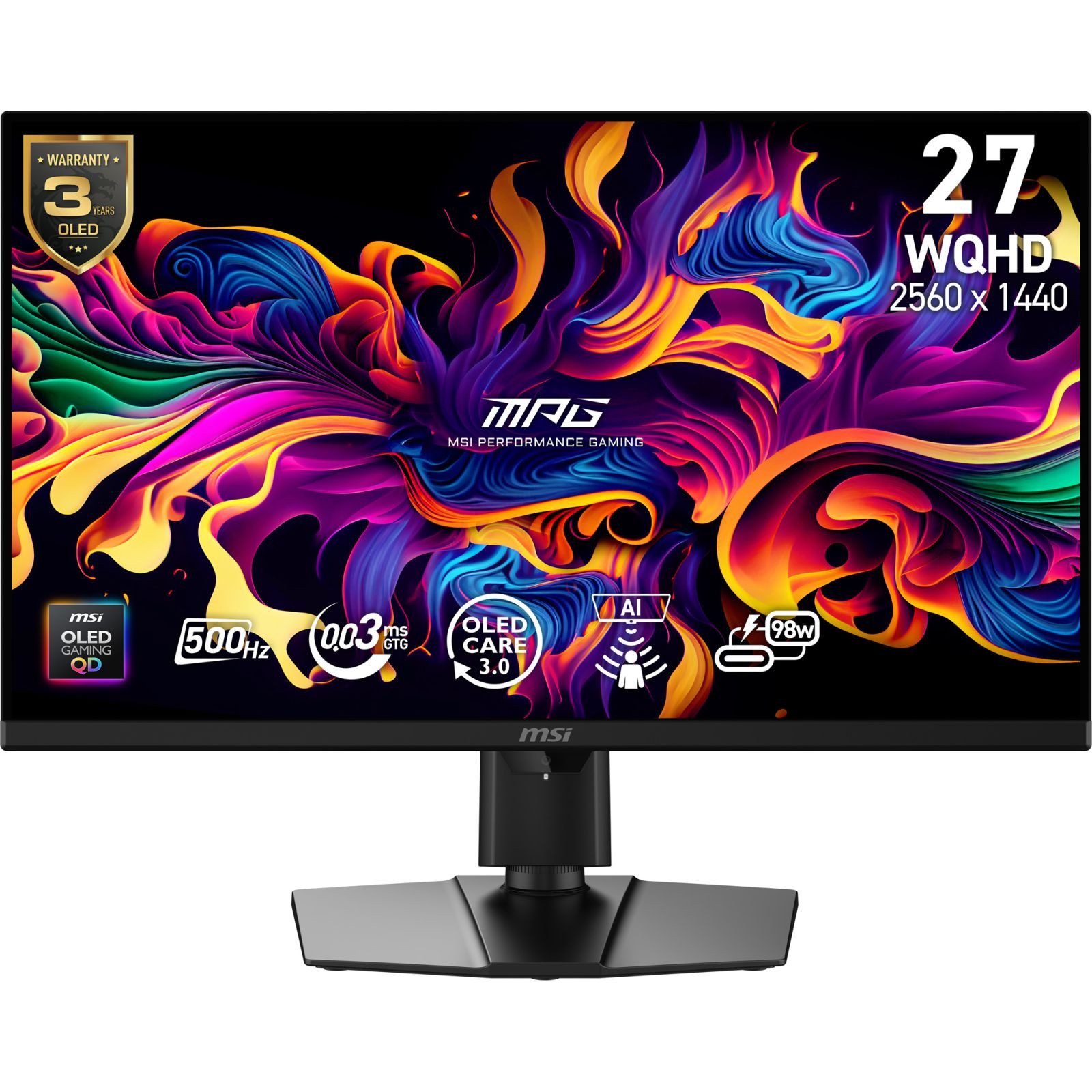 MSI MPG 271QRDE X50 - OLED - Gaming - 68.6 cm (27) (26.5" sichtbar) - ... TFT-Monitor (2560 x 1440 px, Wide Quad HD, 1 ms Reaktionszeit, 500 Hz, OLED, Adaptive-Sync, G-SYNC, HDR, Kopfhörerbuchse, Pivot, Höhenverstellbar)