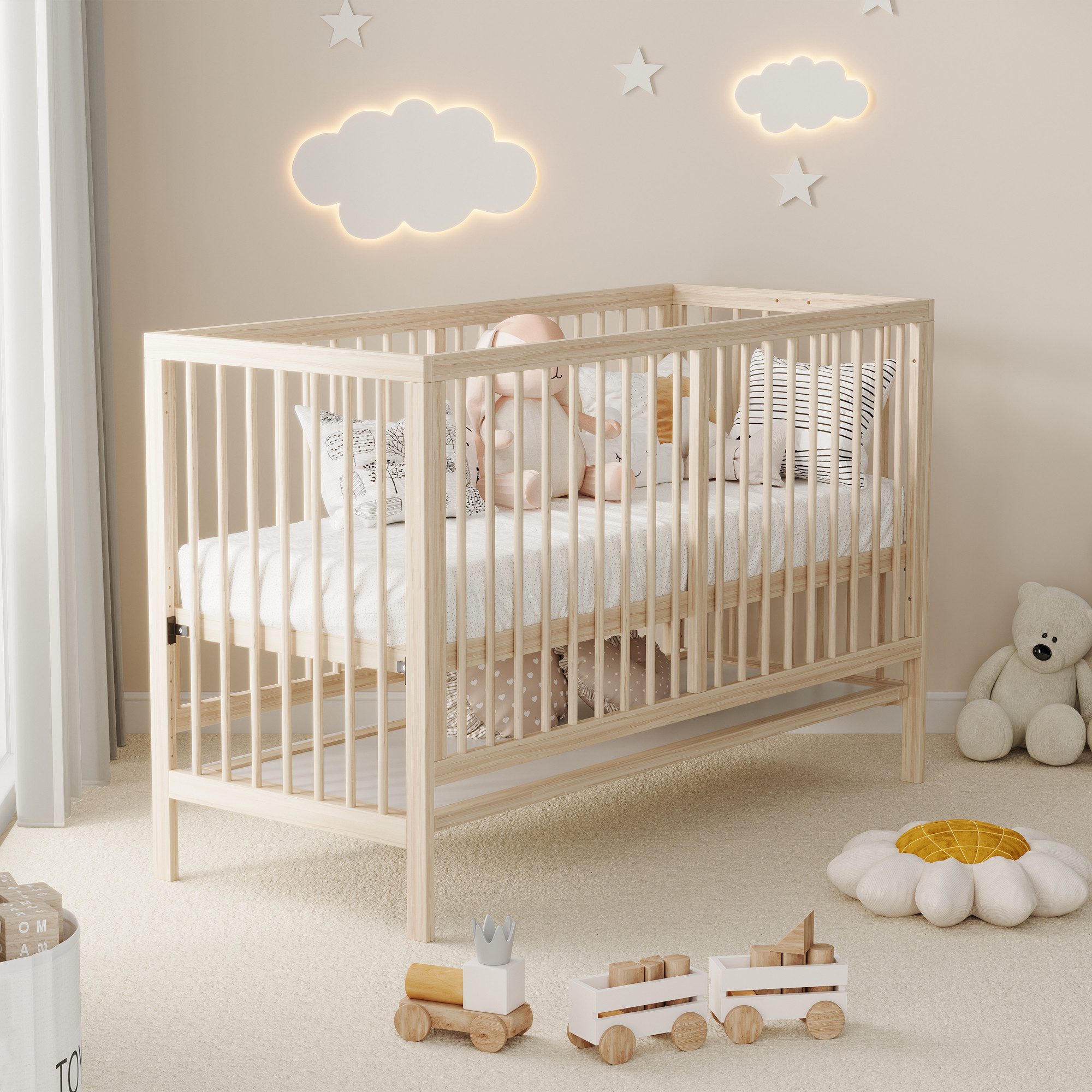 Flieks Babybett, Kinderbett Nebenbett 60x140x90cm mit Malerbrettständer, Schreibtisch