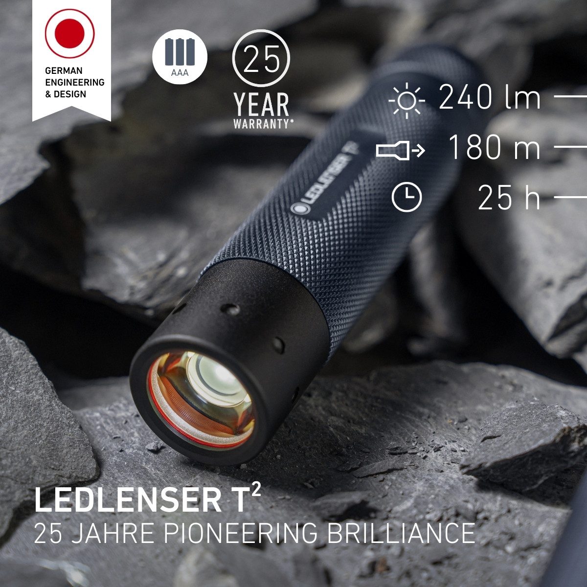 Ledlenser Taschenlampe T² 25th Anniversary Edition, bis 240 lm, Leuchtweite 180m, Laufzeit bis 25 Std., IP56, AAA Batterie