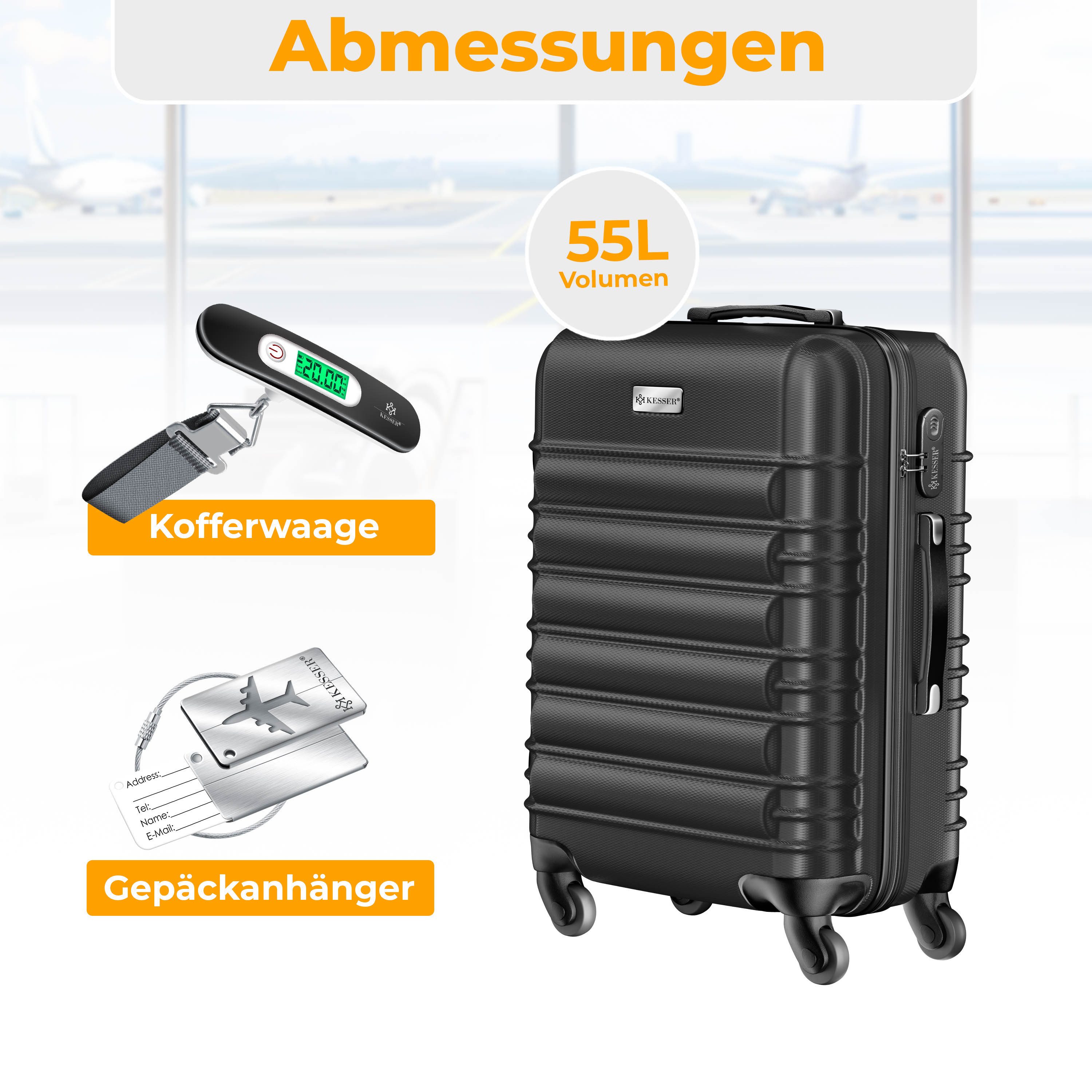 KESSER Hartschalen-Trolley Reisekoffer Handgepäck 55L Koffer Inkl. Kofferwaage + Gepäckanhänger, 4 Rollen, Rollkoffer ABS-Hartschale mit 4 Rollen, Zahlenschloss – Bild 2 von 5